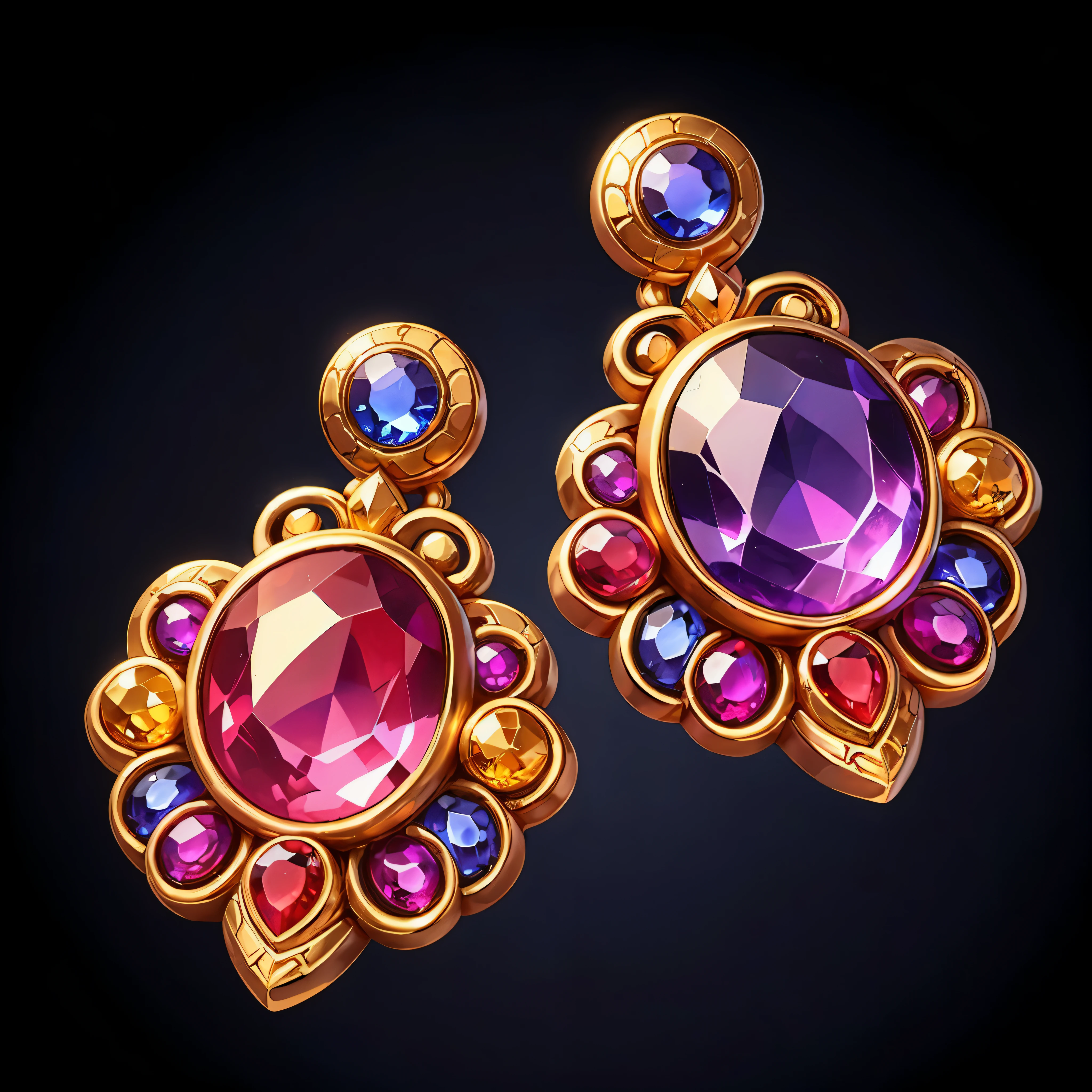 pair of gemstone earrings，gold border，complete，Smooth，Slot Game Art，rich and colorful，Q version，2.5D graphics，Pure black background，perfect details，game icon，high quality images