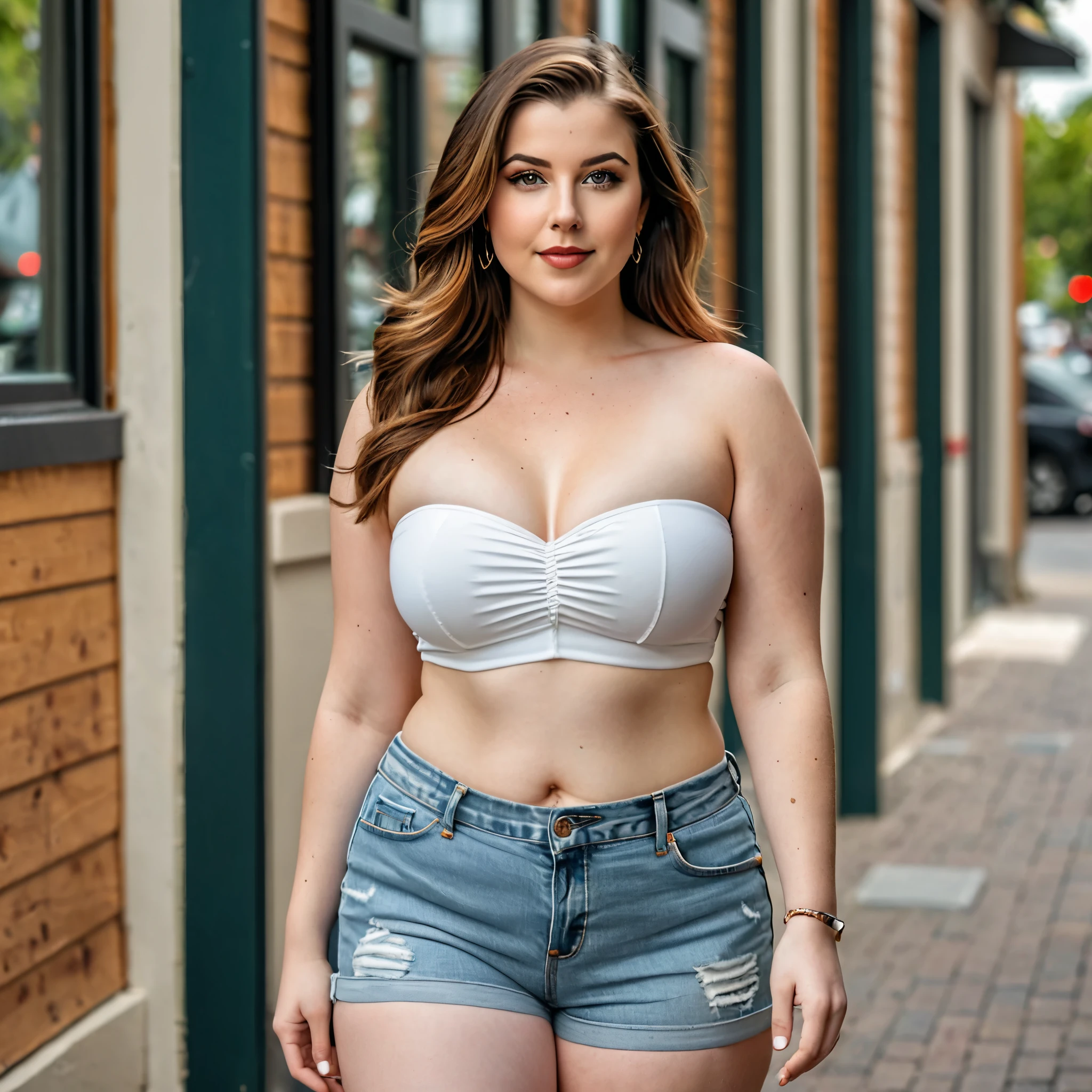 A cute and beautiful busty girl wearing a shoulder less mini tube top and shorts , pale skin, showing navel, showing breast, showing , showing cleavage, 4K, 8k, HDR, ultra realistic, photorealistic,  plus size breast,  toned waist and stomach