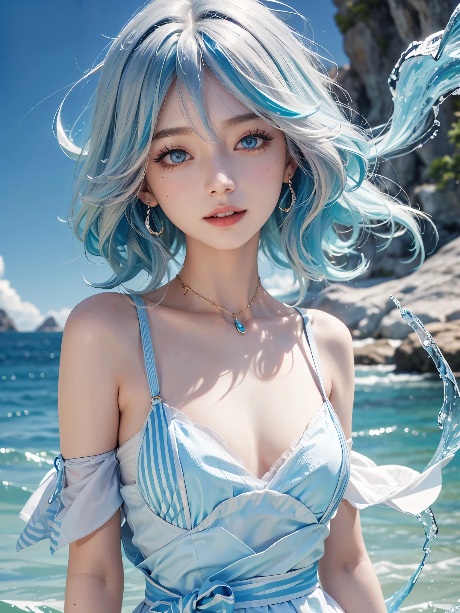 1girl、solo、looking at the audience、Smile、medium long hair、open mouth、Bangs、blue eyes、bare shoulders、jewelry、Upper body、blue hair、earrings、O cabelo multicolorido、collar、virtual_youtuber、Vest、water、Off the shoulders、striped hair、tattoo、Floating hair、Headband、Beautiful detailed sky,美丽细致的water,泼water,Sunlight,Ray tracing,masterpiece,facing the camera