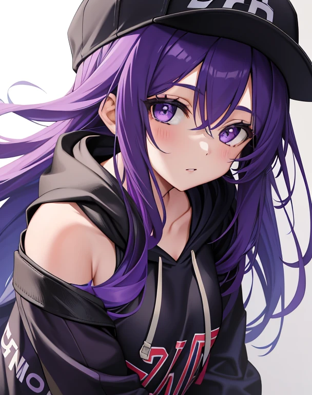 Masterpiece of a solo girl, with long, purple hair cascading down her shoulders, is depicted in the image. She dons a hoodie and a mob cap, one hand comfortably in her pocket, with no discernible background to distract from her captivating presence.