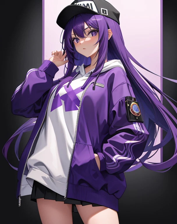 Masterpiece of a solo girl, with long, purple hair cascading down her shoulders, is depicted in the image. She dons a hoodie and a mob cap, one hand comfortably in her pocket, with no discernible background to distract from her captivating presence.