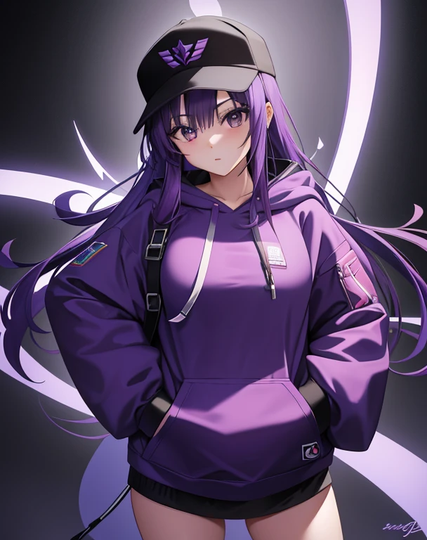 Masterpiece of a solo girl, with long, purple hair cascading down her shoulders, is depicted in the image. She dons a hoodie and a mob cap, one hand comfortably in her pocket, with no discernible background to distract from her captivating presence.