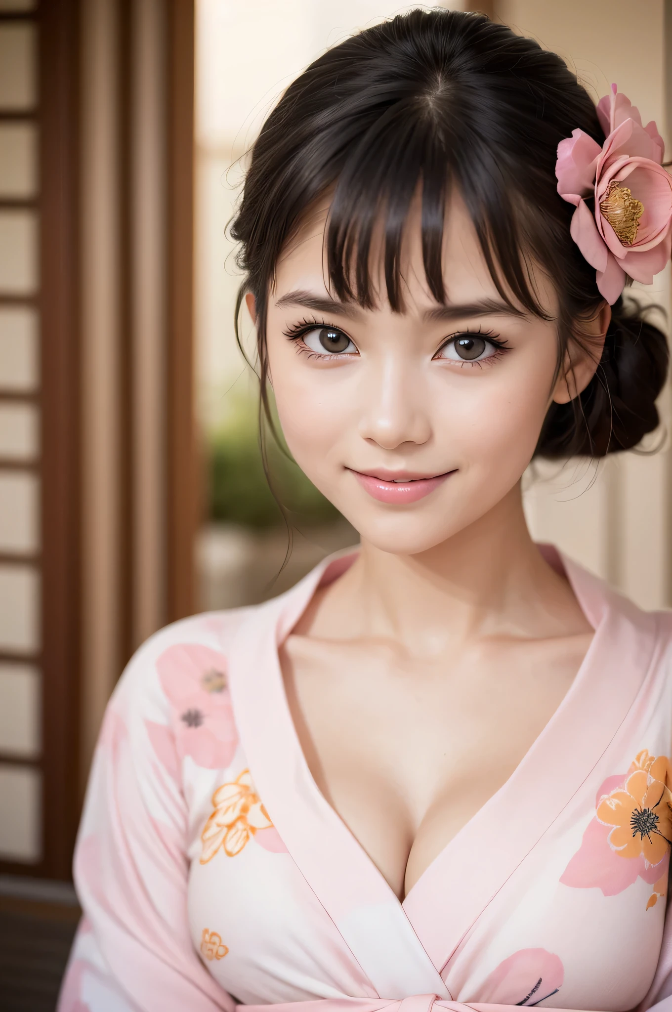 (1ung girl), Extremely cute face, Amazing face and eyes, (Highly detailed eyes, Highly detailed face), updo hairstyles, Very clean appearance, (Hyper-realistic, hight resolution), (Best Quality:1.4), Raw photo, (Realistic, Photorealsitic:1.37), Professional Photography, (light pink floral pattern yukata:1.5), (Open yukata), (cleavage:1.2), (Bare shoulders), Smile slightly, (Staring at me), Bedroom, girl portrait,