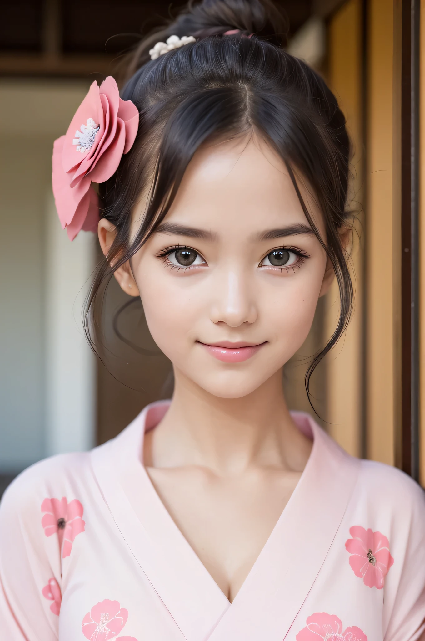(1young girl), Extremely cute face, Amazing face and eyes, (Highly detailed eyes, Highly detailed face), updo hairstyles, Very clean appearance, (Hyper-realistic, hight resolution), (Best Quality:1.4), Raw photo, (Realistic, Photorealsitic:1.37), Professional Photography, (light pink floral pattern yukata:1.5), (Open yukata), (cleavage:1.2), (Bare shoulders), Smile slightly, (Staring at me), Bedroom, girl portrait,