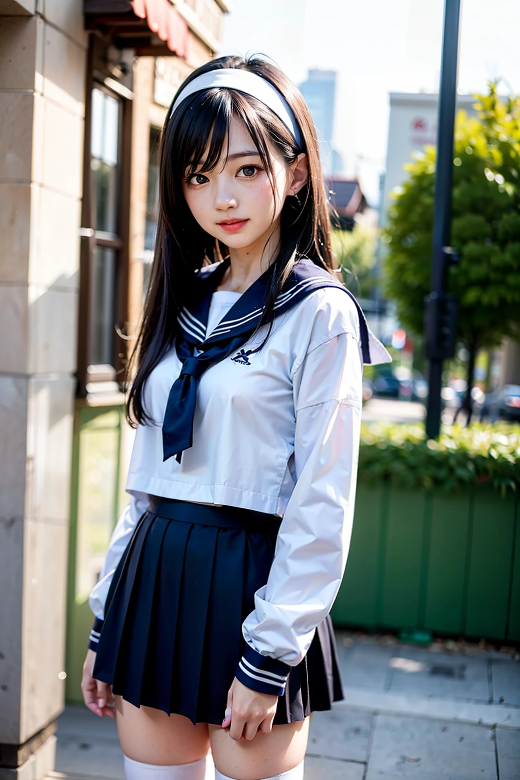 Body 8 times longer than head, (High-definition CG Unity 8K), (highest quality),(very detailed),(ultra high resolution), black hair, sailor suit, 紺色のsailor suit, sailor suitを着た女子高生, Dark blue skirt, anime 2d rendering, realistic young anime , ((white headband)), small breasts, tall, slanted eyes, (school scenery), black stockings, during the day, open your mouth a little, smile, straight hair, long hair, face detail drawing, small face,