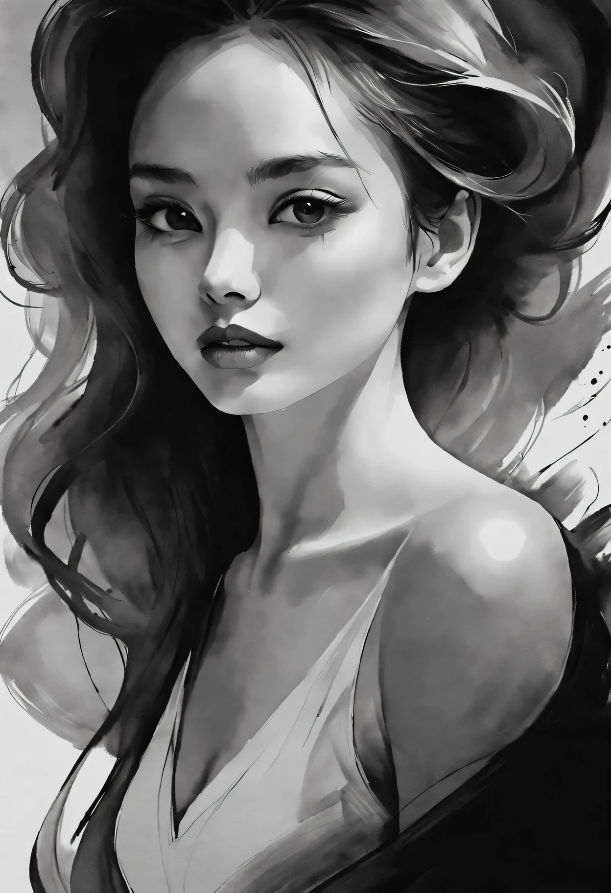 Beautiful woman portrait in ink style，black and white，smooth lines，expressive eyes，delicate lips，flowing ink contrast，Emphasis on expression，Contrast between light and shadow，Subtle background，simple composition，Atmosphere of light and space，black ink strokes，implicit emotion，elegant gesture，Positive emotions，charming appearance，Subtle gradients，Skilled ink painting。