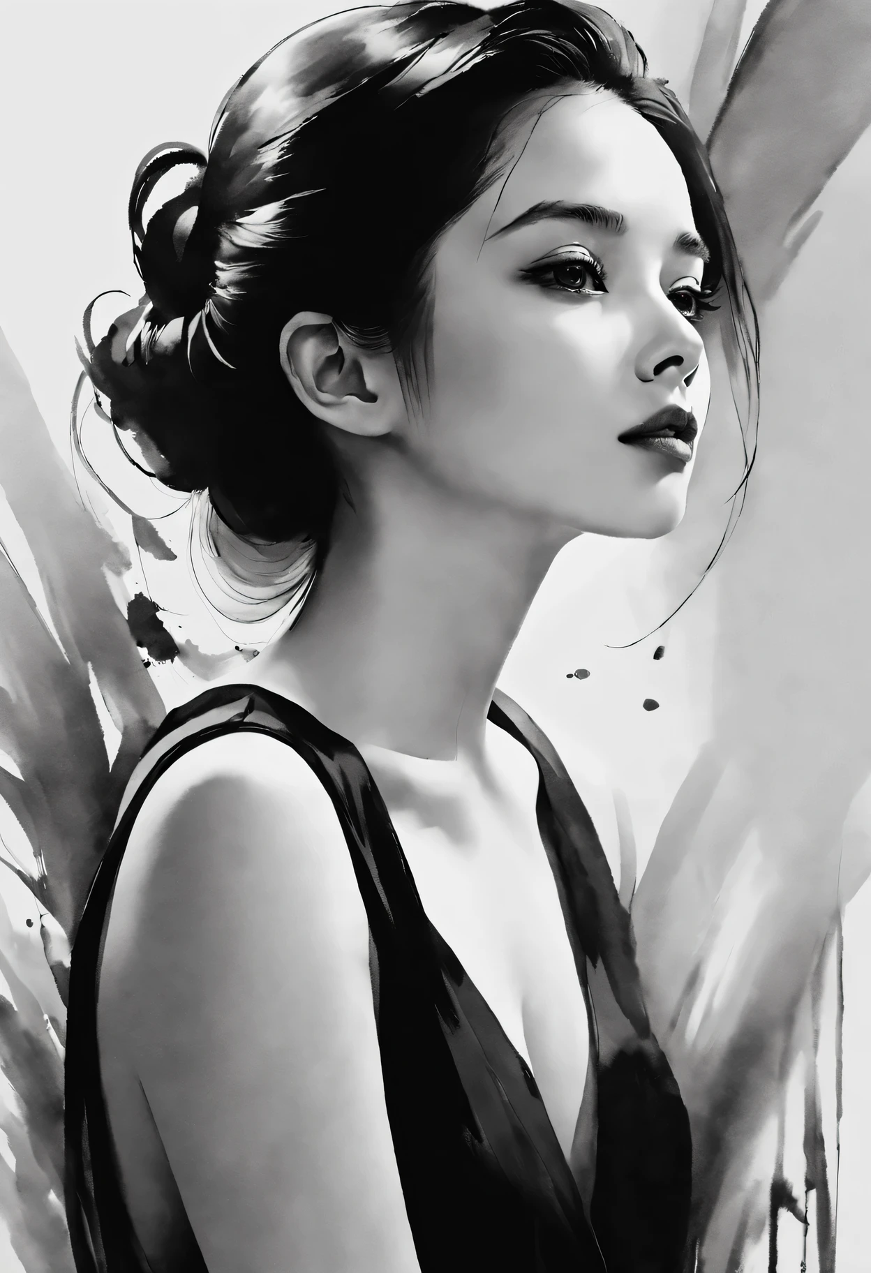 Beautiful woman portrait in ink style，black and white，smooth lines，expressive eyes，delicate lips，flowing ink contrast，Emphasis on expression，Contrast between light and shadow，Subtle background，simple composition，Atmosphere of light and space，black ink strokes，implicit emotion，elegant gesture，Positive emotions，charming appearance，Subtle gradients，Skilled ink painting。