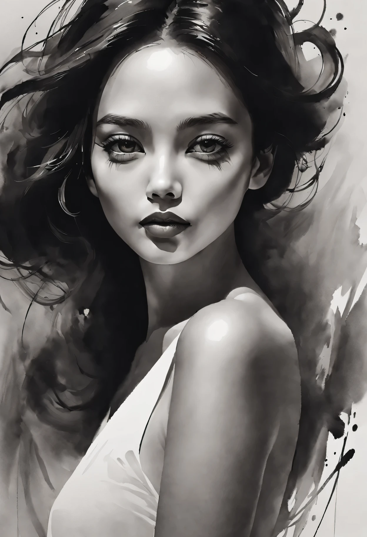 Beautiful woman portrait in ink style，black and white，smooth lines，expressive eyes，delicate lips，flowing ink contrast，Emphasis on expression，Contrast between light and shadow，Subtle background，simple composition，Atmosphere of light and space，black ink strokes，implicit emotion，elegant gesture，Positive emotions，charming appearance，Subtle gradients，Skilled ink painting。
