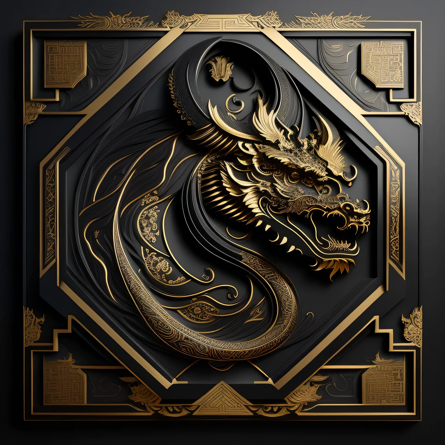 black gold, Chinese dragon, head, Sculpture, Matte black, gold plated, Volume shadow, Artificial pattern, Surrounded by an intricate decorative border, Matte black and gold ornament text 2024, Very detailed digital art, 3d rendering, 16k