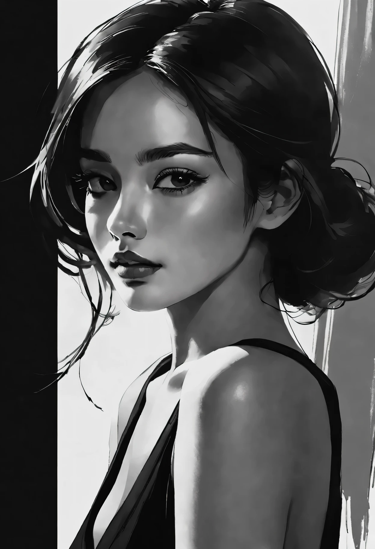 Beautiful woman portrait in ink style，black and white，smooth lines，expressive eyes，delicate lips，flowing ink contrast，Emphasis on expression，Contrast between light and shadow，Subtle background，simple composition，Atmosphere of light and space，black ink strokes，implicit emotion，elegant gesture，Positive emotions，charming appearance，Subtle gradients，Skilled ink painting。
