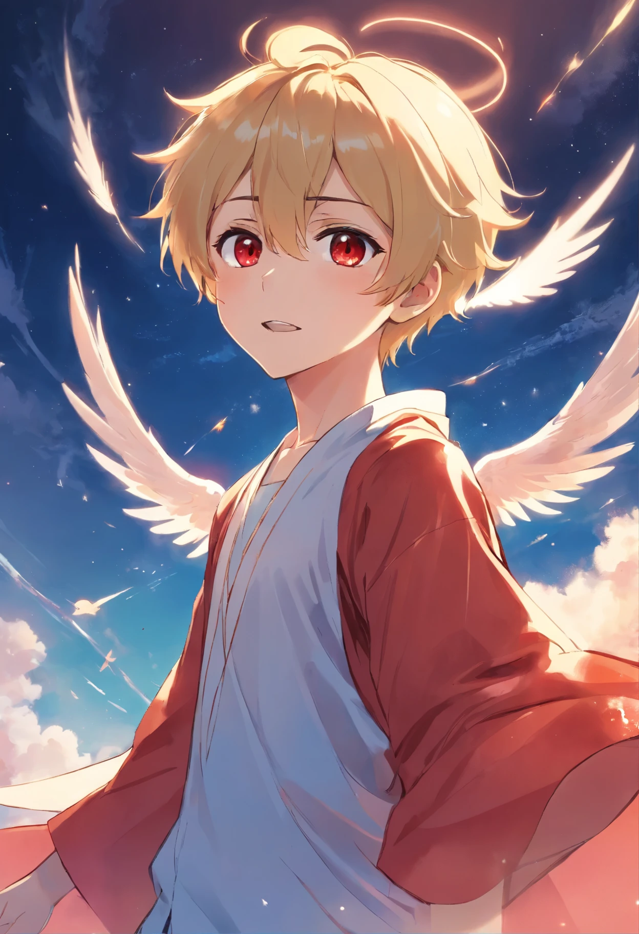 ((angelic androgynous  boy God brat, flying above the world, draining it of its magic and energy with a mischievous laugh, blond hair swept back in the wind, thin and skinny frame, cute and pretty features, yet possessing an undeniably beautiful and perfect appearance, captured in a watercolor painting, evil red eyes gleaming with amusement, clad in a holy gown that contrasts his mischievous nature, depicted from below to emphasize his otherworldly power and status, tachi-e (magazine:1.3), (cover-style:1.3), stylish, boy, divine, wings, flying, expression, watercolor painting, evil