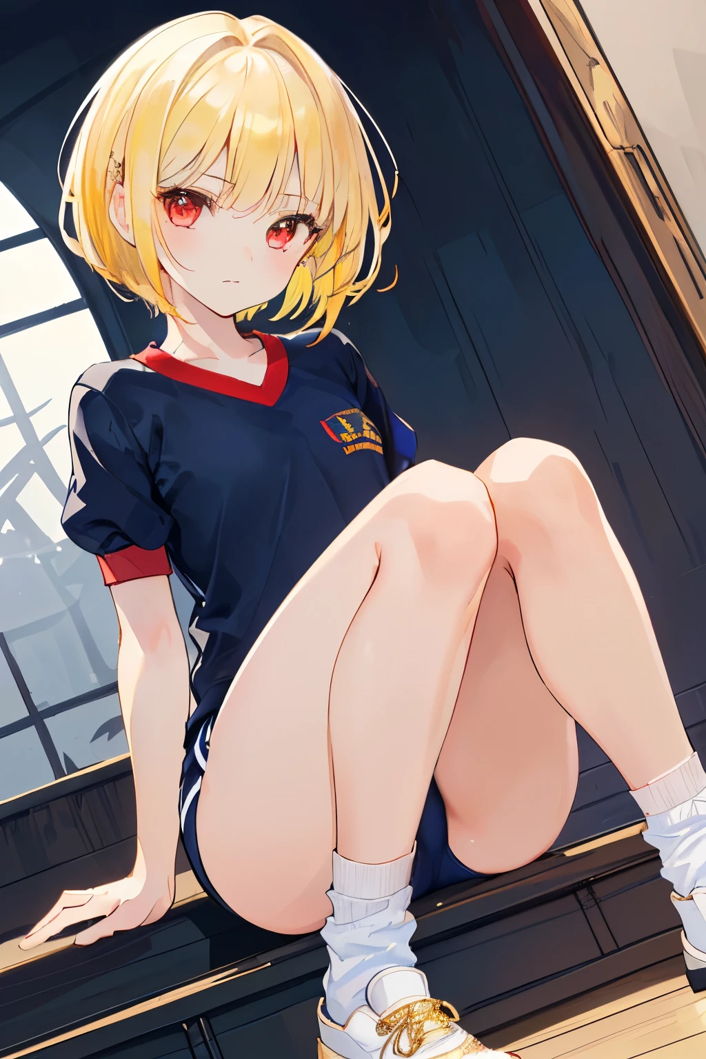 (((1girl))), ((best quality)), ((masterpiece)), ((ultra-detailed)), (illustration), (detailed light), (an extremely delicate and beautiful), (beautiful detailed eyes), (sunlight), ((extremely light)), ((extremely clothes)), (((hyper detail))),(((((front lighting))))),(((((front light))))),
((((quite adorable white and dark navy gym uniform)))),
,
wavy short manish bob, ((((yellow gold hair)))), (((short hair))),
(((pure red eyes))),
(whole body), ,
(((condescending expression))), (mischievous smile with sexual satisfaction), (((extra adorable))), (((extra slender shape))),
(((extremely beautiful detailed face))),
(((sitting on the knees))), (((((Dutch angle))))),
((())), (((lolita))),
(((extremely thin thighs))), (((white short ankle socks)))