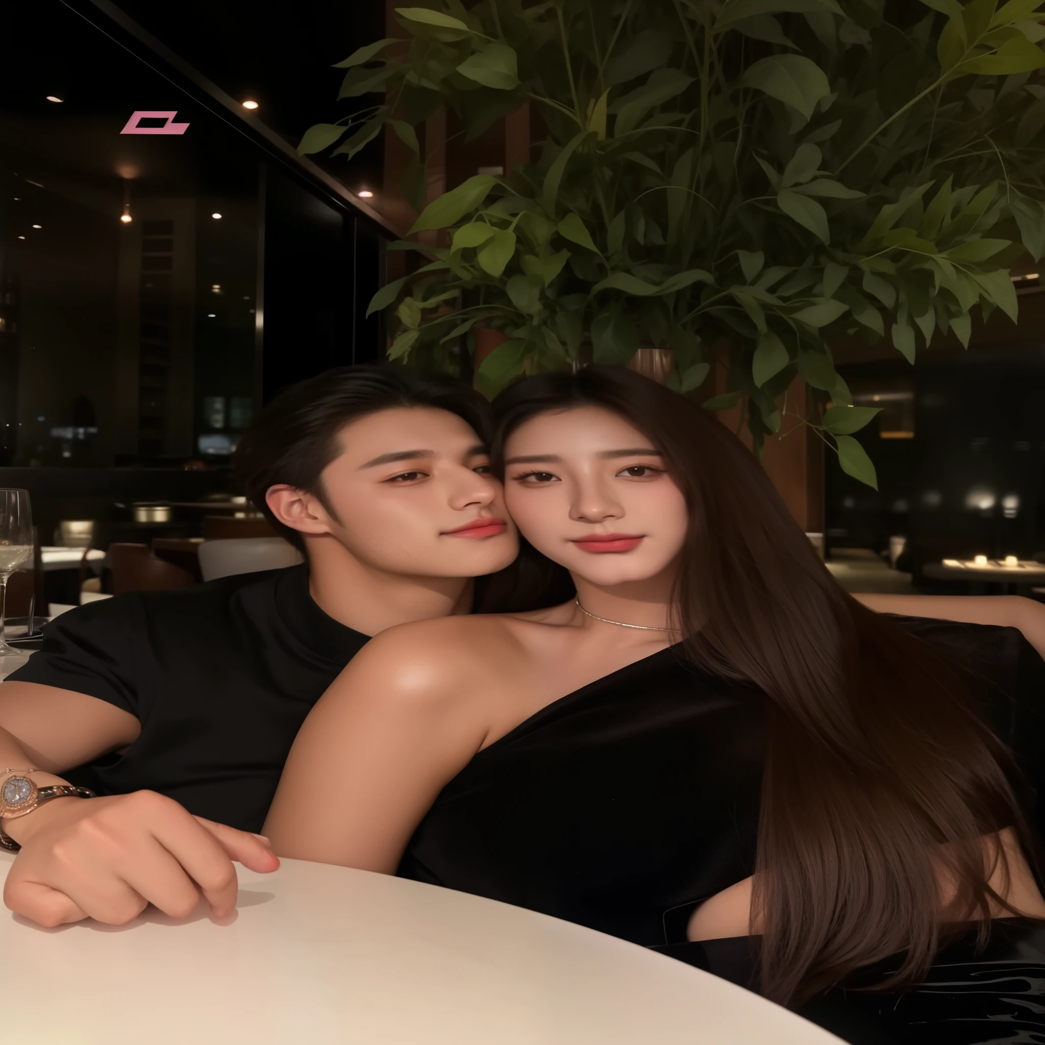 Couple in love sitting at a table in the chic restaurant, on the left side, Jungkook from BTS, Korean male face and on the right Gabriela Versiani Brazilian Famale Face.