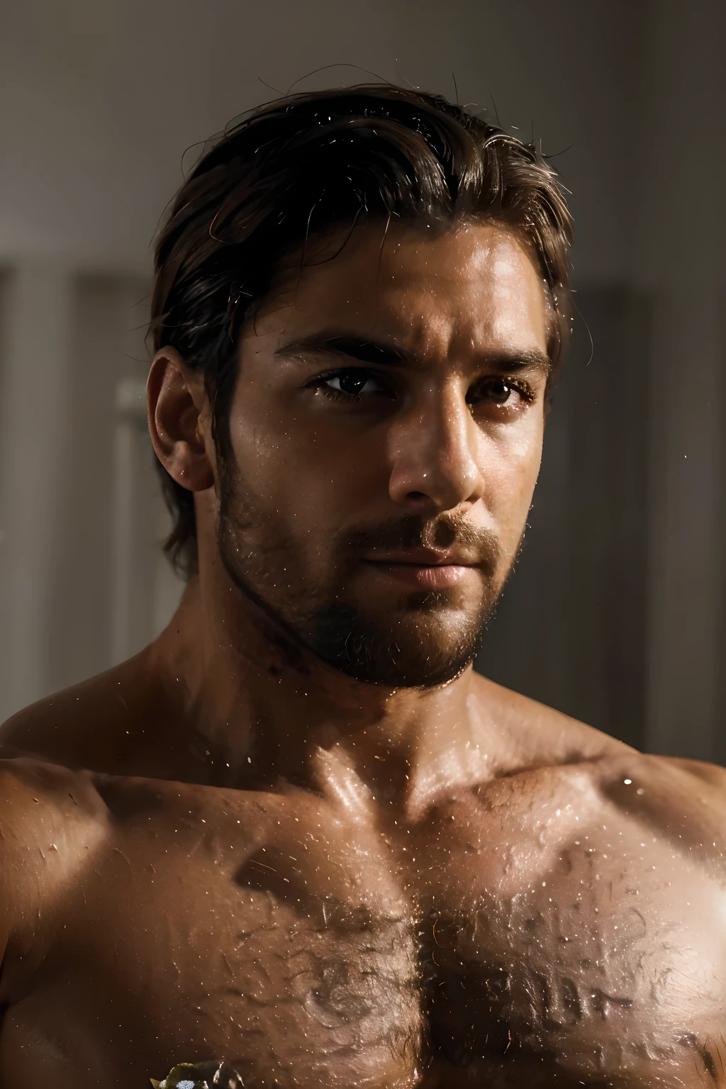 (melhor qualidade, High definition, Realistic:1.37), figura masculina, corpo forte e musculoso, Olhar confiante, barba, intense expression, dramatic lighting, pose cativante, Artistic portrait style, tons de cores quentes e ricos.
