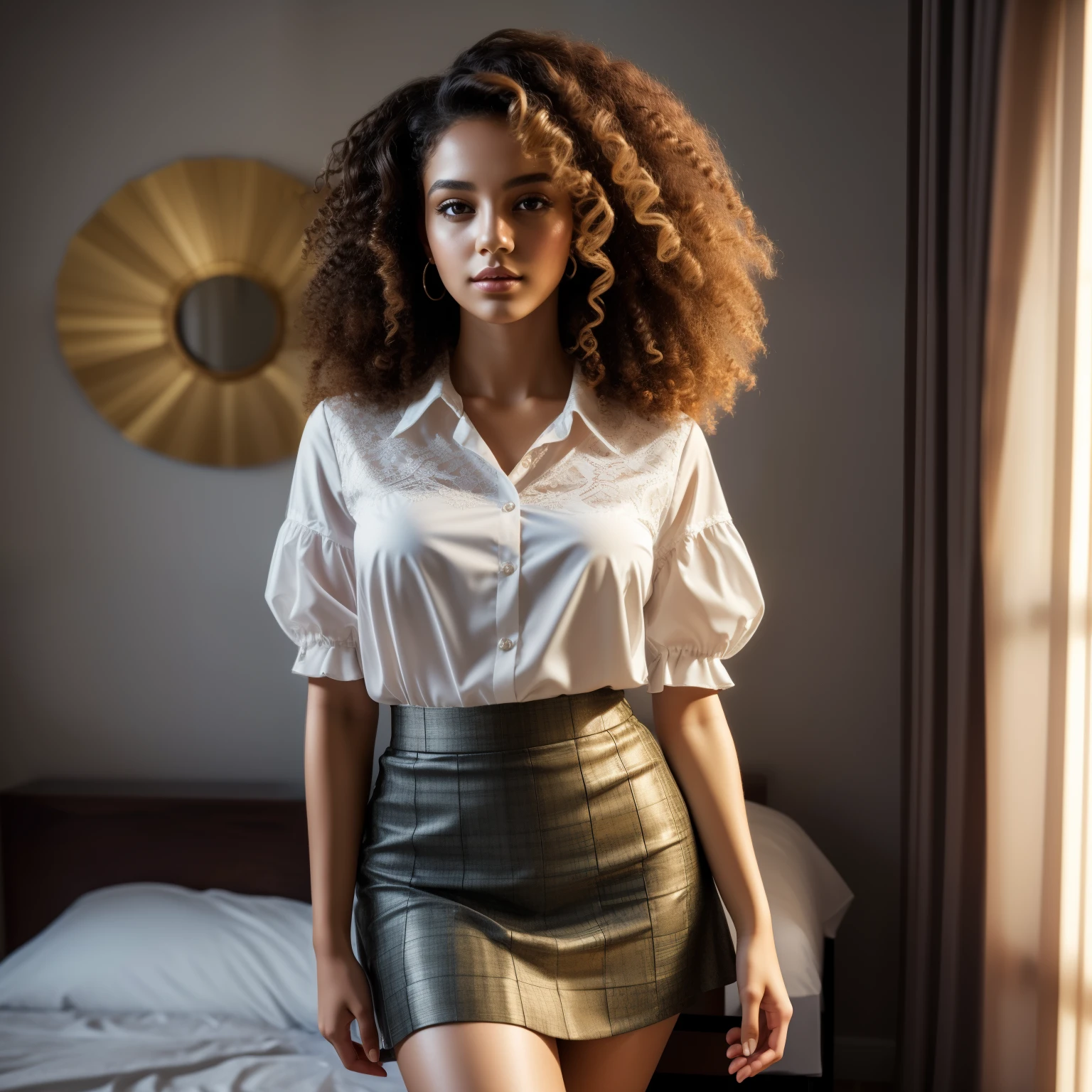 WOMAN WITH CURLY HAIR, Wearing skirt and blouse, detailed seductive alluring eyes, in a modern bedroom, masterpiece, detailed, elegant, Best quality, wide diffuse light, backlighting, blooming, light flares, chromatic aberration, smooth, sharp focus