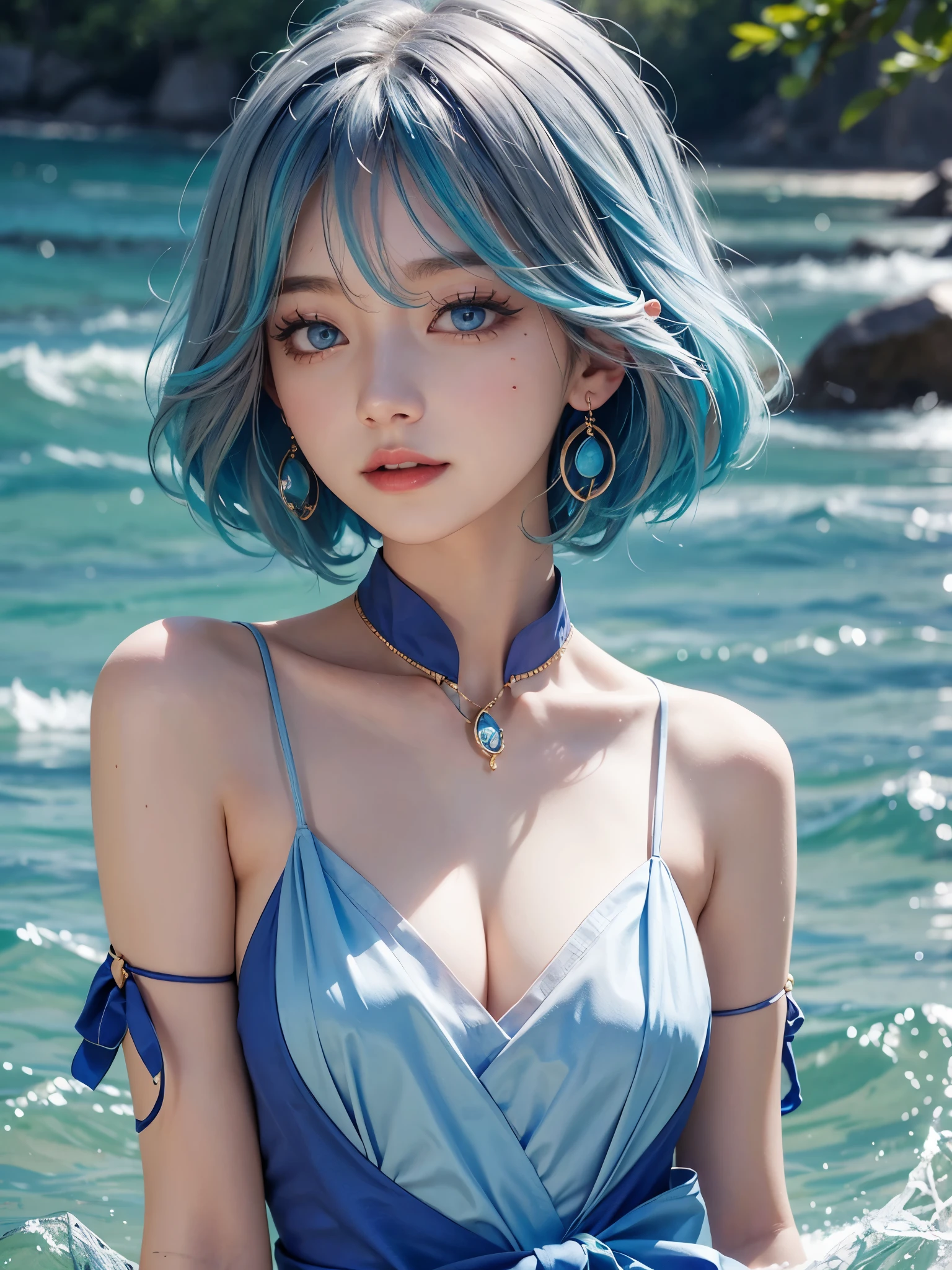 1girl、under water,solo、looking at the audience、Smile、medium long hair、open mouth、Bangs、blue eyes、bare shoulders、jewelry、Upper body、blue hair、earrings、O cabelo multicolorido、collar、virtual_youtuber、Vest、water、Off the shoulders、black dress、striped hair、tattoo、Floating hair、Headband、Beautifully detailed seabed、beautiful water、泼water、Covered with water beads、Sunlight、Ray tracing、masterpiece、facing the camera