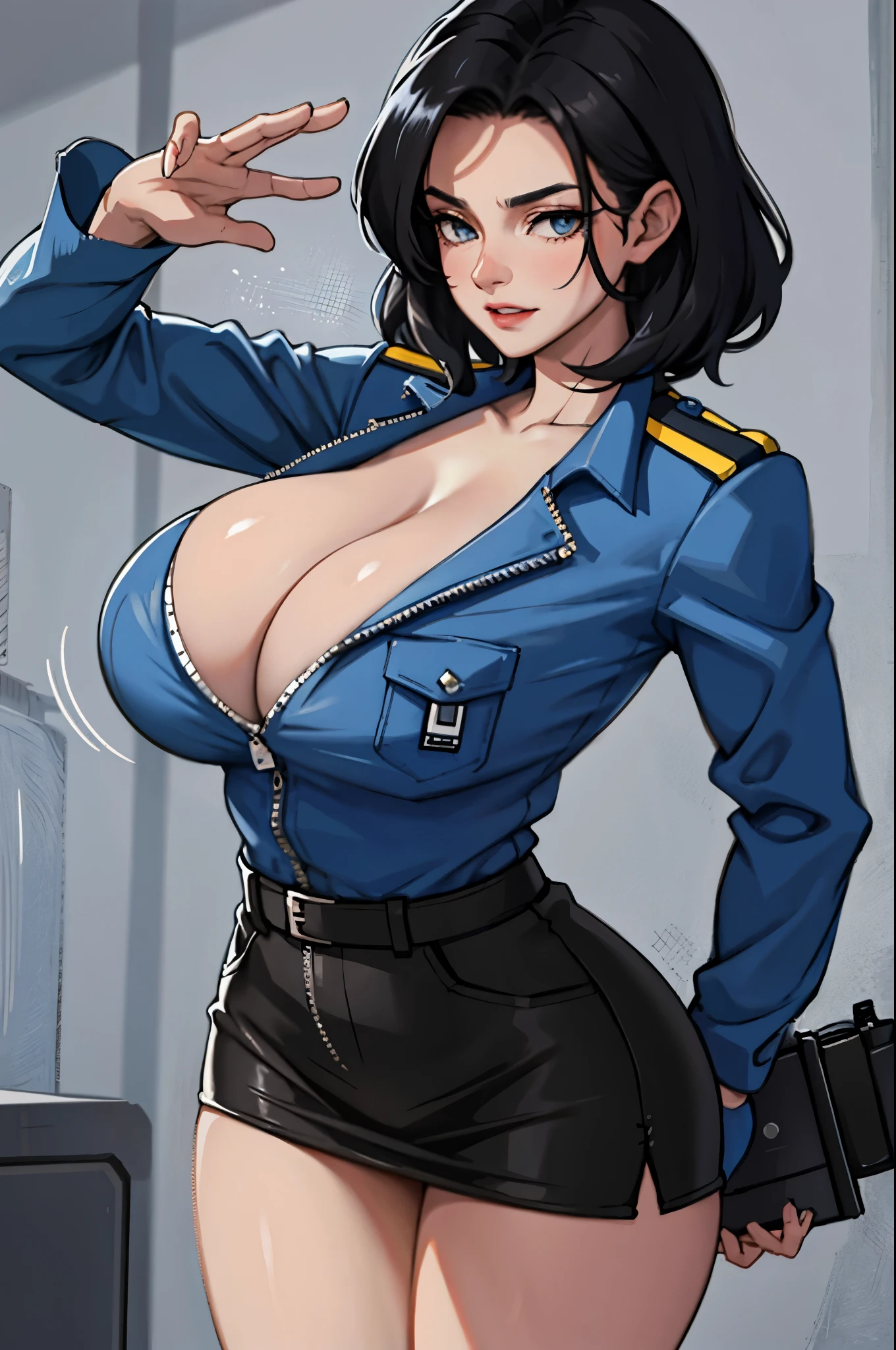 Close-up of a policewoman in a police uniform posing for a photo, Short black hair, Light blue shirt, blackminiskirt, Jumpsuits, Black boots, Busty, Sexy girl, Jaw-dropping beauty, with beautiful exotic, cleavage, Very sexy, Looks hot, jaw-droppingly beautiful, Sexy look, beautiful upper body, Attractive body, Clothing that exposes, thicc, Large bust, With large breasts, sie boob, really large bust, huge tit, Ruddy cheeks, perspire, Soak the whole body in milk, A look of shame, Standing in a dimly lit iron cell