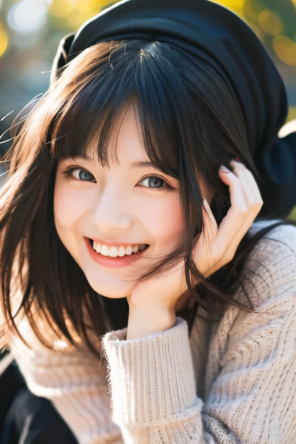 「Cute and cuddly beauty」、1 person、laughter、bright eyes、soft expression、soft hair、bright shades、20-year-old、Optimistic personality、Pop Fashion、wearing a black frilly dress。