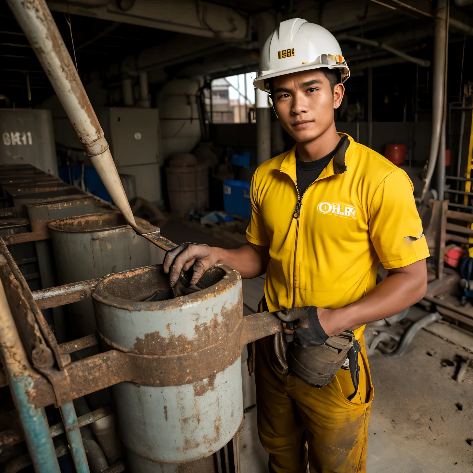 A 32 year old Indonesian young man, body builder, works as an oiler on a ship's machinery section, using a wearpack, zipper open until the body is exposed, wearpack dirty with oil, body sweaty and dirty with oil, wearing a yellow safety helmet, while holding work tools, facing camera, inside ship engine room, hyper realistic, 8d