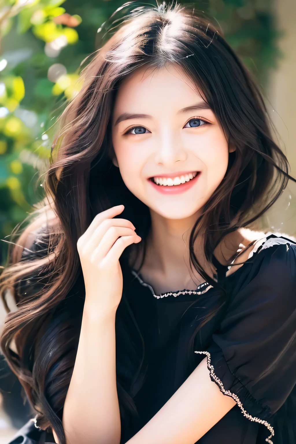 「Cute and cuddly beauty」、1 person、laughter、bright eyes、soft expression、soft hair、bright shades、20-year-old、Optimistic personality、Pop Fashion、wearing a black frilly dress。