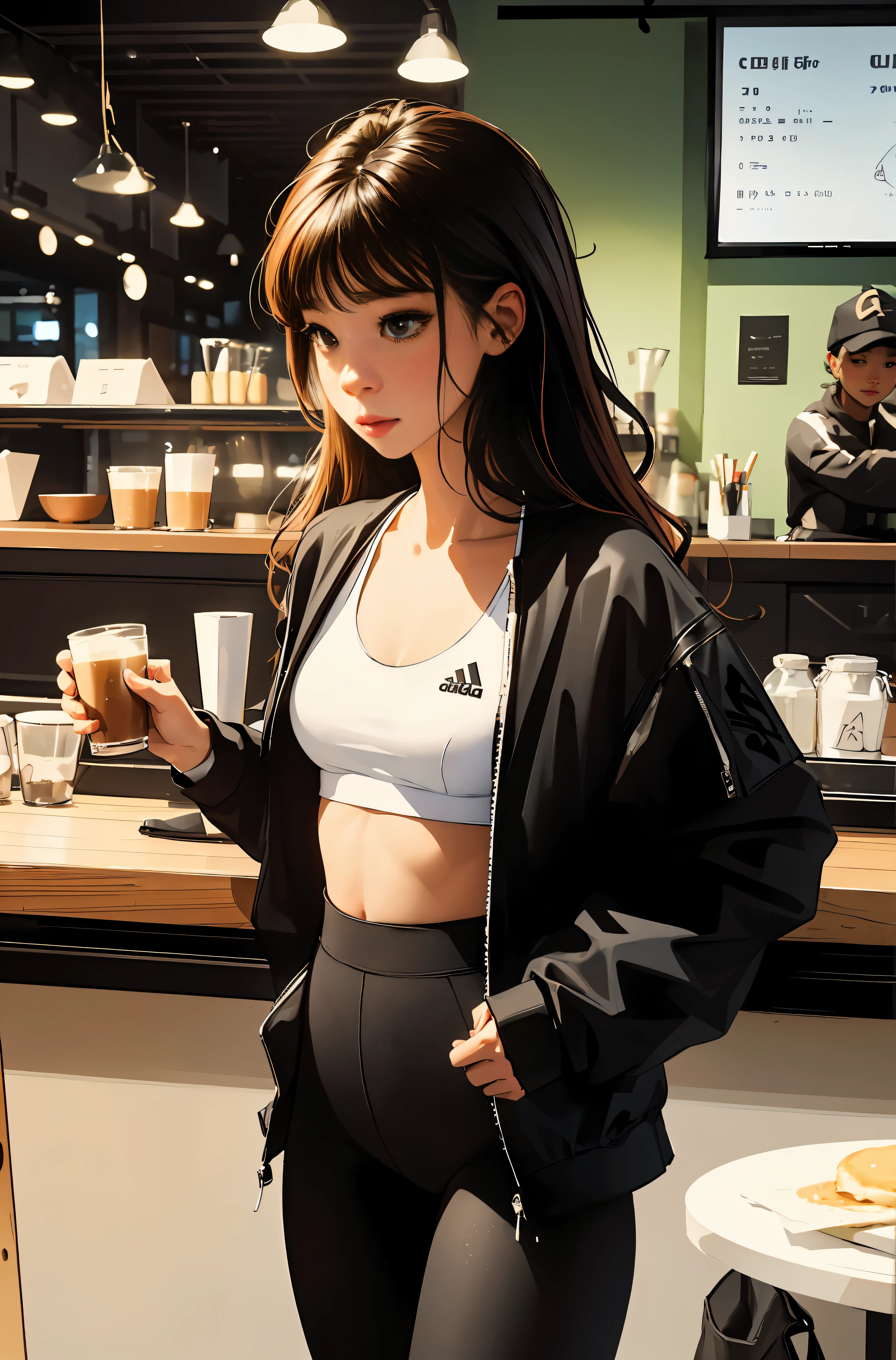 there is a woman standing at a counter out coffee shop, small hipster coffee shop, cafe interior, mysterious coffee shop에서 커피를 주문하는 girl, outside the counter, coffee shop, coffee shop, enjoying coffee at a coffee shop, nostalgic vibes, cafe ,Woman wearing tight black leggings and neon white bra top, Two-piece tracksuit, be good at sports ,On the right is the Adidas logo.,vivid colors, soft focus, Light leakage, dreamy atmosphere, experimental charm, Retro charm break color field painting, A variety of colors, abstract expressionism, bold hues, emotional impact, atmospheric depth, Minimalist approach BREAK, Beautiful woman, UHD (ultra detail) viewers who see it.., another, fancy, long, 갈색으로 염색한 머리를 뒤로 하나로 묶은 long 머리 🌈, leggings clothing, White stardust in dark areas, absurd, high resolution, very detailed, (1 woman : ), vivid colors, soft focus, Light leakage, dreamy atmosphere, information