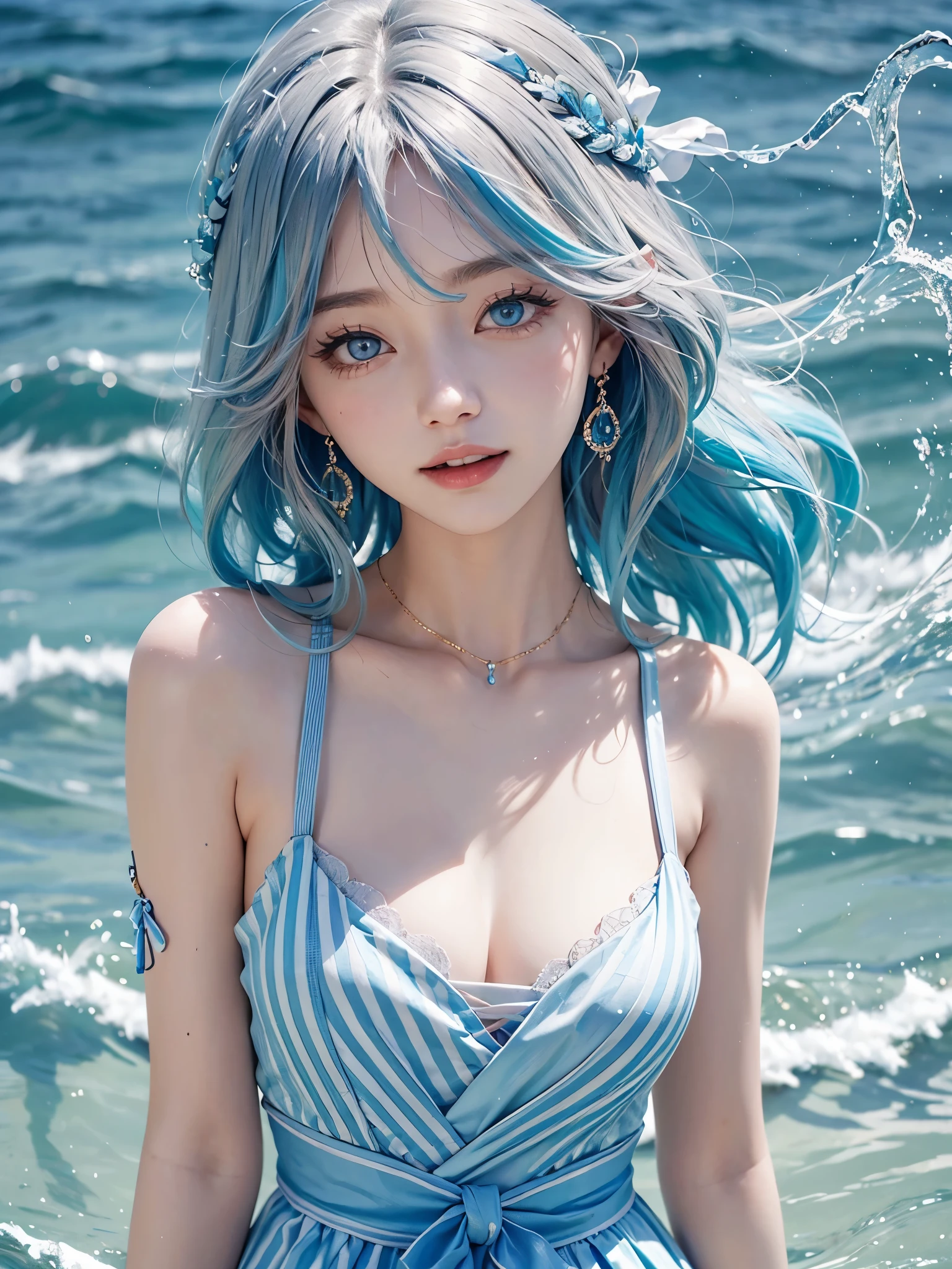 1girl、solo、looking at the audience、Smile、medium long hair、open mouth、Bangs、blue eyes、bare shoulders、jewelry、Upper body、blue hair、earrings、O cabelo multicolorido、collar、virtual_youtuber、Vest、water、Off the shoulders、dress、striped hair、tattoo、Floating hair、Headband、Beautiful detailed sky,美丽细致的water,泼water,浑身是water珠,Sunlight,Ray tracing,masterpiece,facing the camera