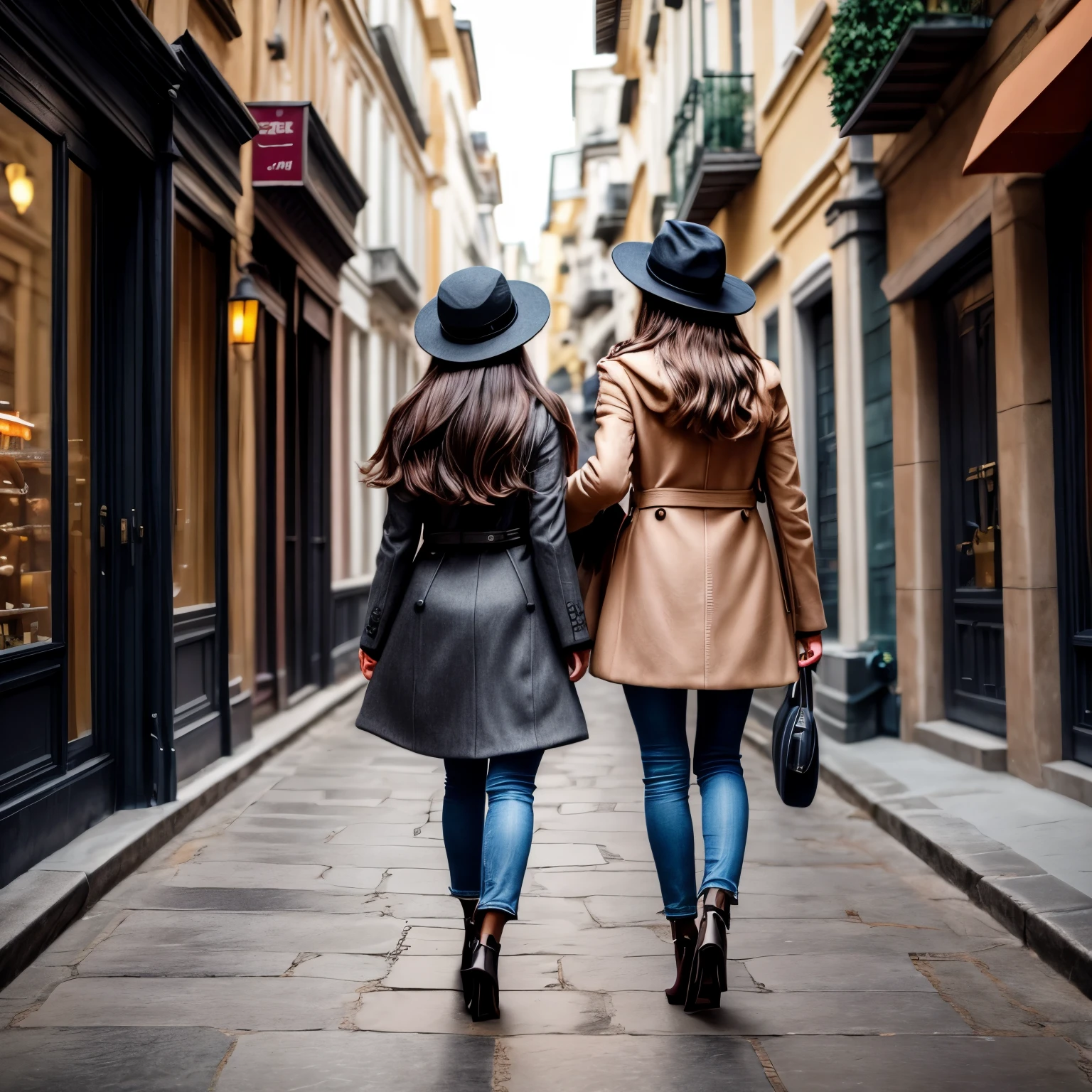 The back of a [young woman] in a hat walking down a stone street; [young woman] wears a hat, long coat and heels, and has medium-length hair. I WANT A PERSPECTIVE BEHIND THE HAT.