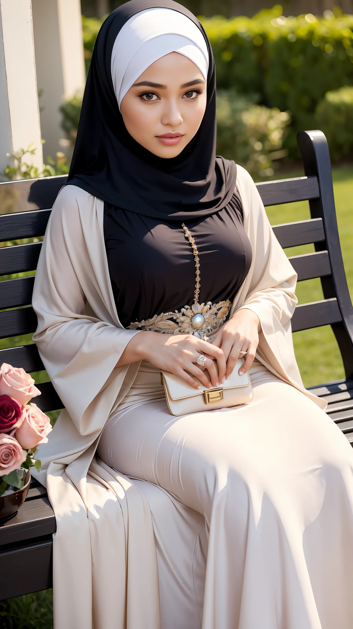 (Close Up),RAW, Best quality, high resolution, masterpiece: 1.3), beautiful Malay woman in hijab,Masterpiece, perfect slim fit body,small breast, big gorgeous eyes, Soft smile,beautiful face,thick thighs, muslim woman sitting on a bench with a purse and a purse, wearing an elegant long dress, lovely woman, wearing an elegant outfit, enjoying life!!! elegant, with lovely look, long dress female,long elegant dress, wearing beautiful clothes, hijab, wearing a wonderful dress, during sunset, beautiful woman , located in flower garden, Excellent lighting, Bright colors, Clean lines