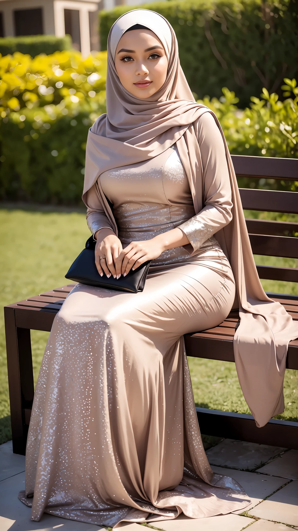 (Close Up),RAW, Best quality, high resolution, masterpiece: 1.3), beautiful Malay woman in hijab,Masterpiece, perfect slim fit body,small breast, big gorgeous eyes, Soft smile,beautiful face,thick thighs, muslim woman sitting on a bench with a purse and a purse, wearing an elegant long dress, lovely woman, wearing an elegant outfit, enjoying life!!! elegant, with lovely look, long dress female,long elegant dress, wearing beautiful clothes, hijab, wearing a wonderful dress, during sunset, beautiful woman , located in flower garden, Excellent lighting, Bright colors, Clean lines
