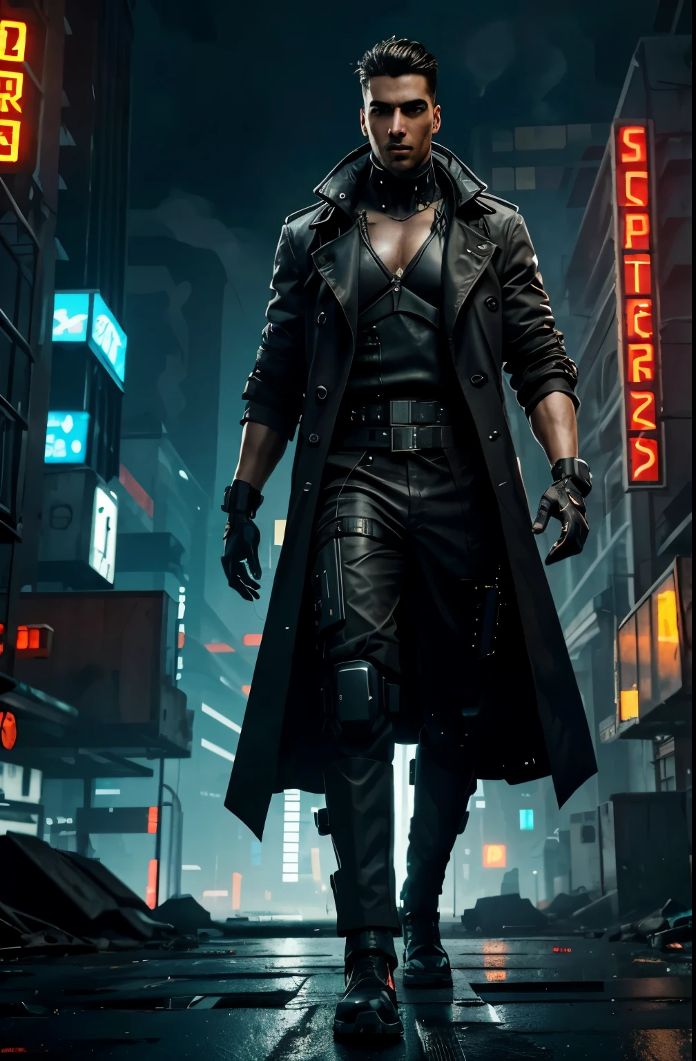 realistic depiction of a cyberpunk man walking towards the camera, com um passo forte e confiante, vestindo um trench coat futurista, Visible cybernetic enhancements to his arms and face, and a cityscape with imposing buildings lit by neon in the background, (dystopian:1.2), (ambiente arenoso e industrial), (dynamic lighting), (attention to realistic details)