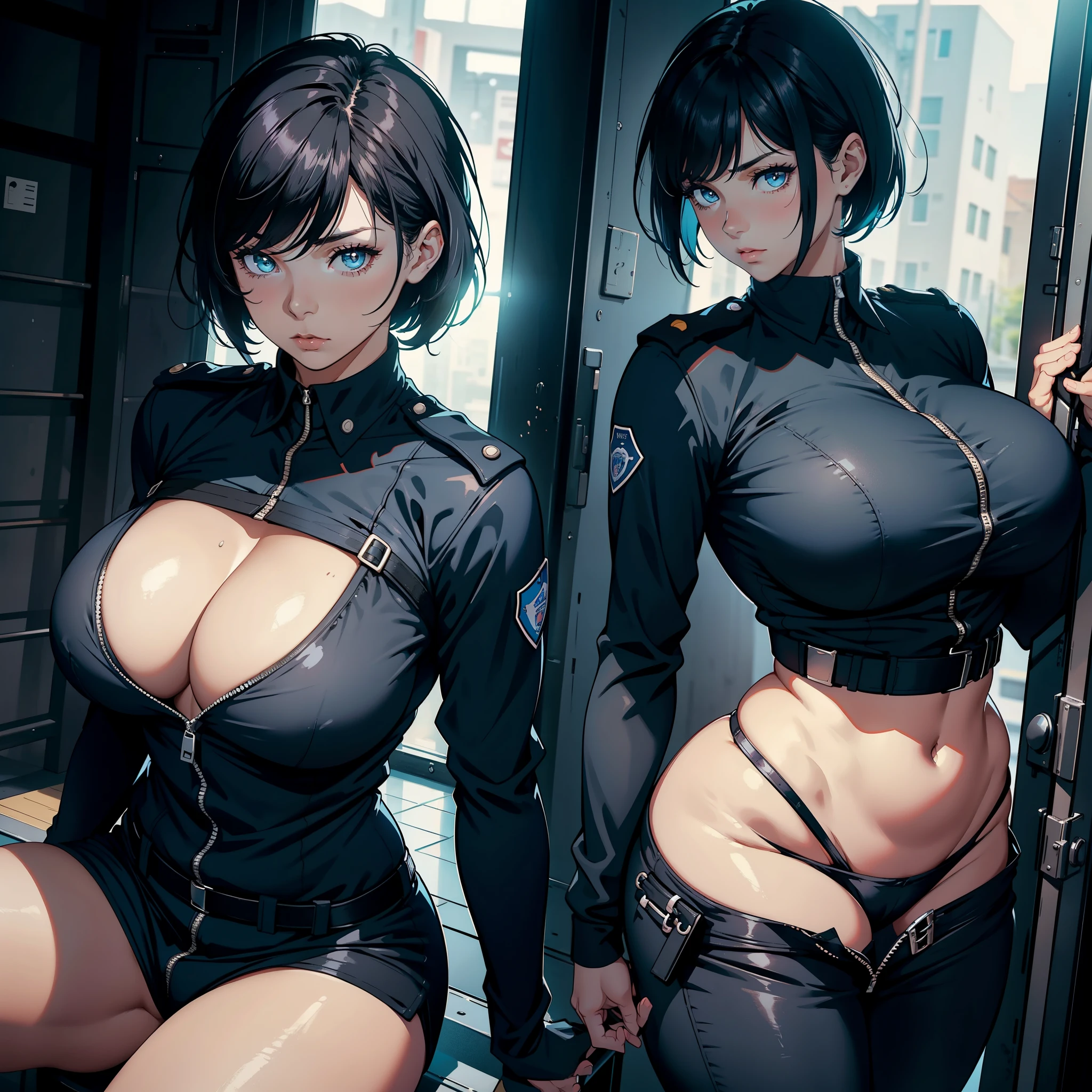 Close-up of a policewoman in a police uniform posing for a photo, Short black hair, Light blue shirt, blackminiskirt, Jumpsuits, Black boots, Busty, Sexy girl, Jaw-dropping beauty, with beautiful exotic, cleavage, Very sexy, Looks hot, jaw-droppingly beautiful, Sexy look, beautiful upper body, Attractive body, Clothing that exposes, thicc, Large bust, With large breasts, sie boob, really large bust, huge tit, Ruddy cheeks, perspire, Soak the whole body in milk, A look of shame, Standing in a dimly lit iron cell