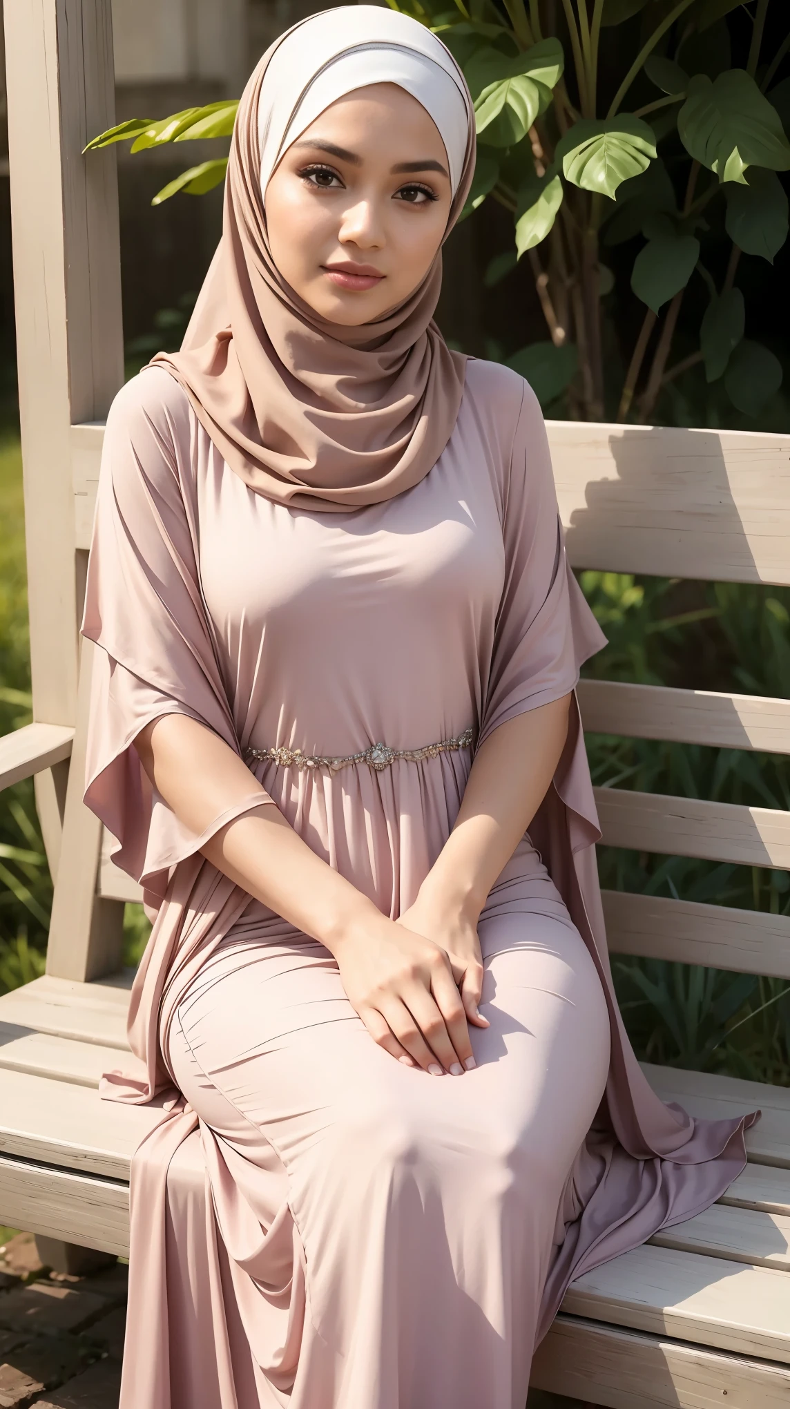 (Close Up),RAW, Best quality, high resolution, masterpiece: 1.3), beautiful Malay woman in hijab,Masterpiece, perfect slim fit body,small breast, big gorgeous eyes, Soft smile,beautiful face,thick thighs, muslim woman sitting on a bench with a purse and a purse, wearing an elegant long dress, lovely woman, wearing an elegant outfit, enjoying life!!! elegant, with lovely look, long dress female,long elegant dress, wearing beautiful clothes, hijab, wearing a wonderful dress, during sunset, beautiful woman , located in flower garden, Excellent lighting, Bright colors, Clean lines