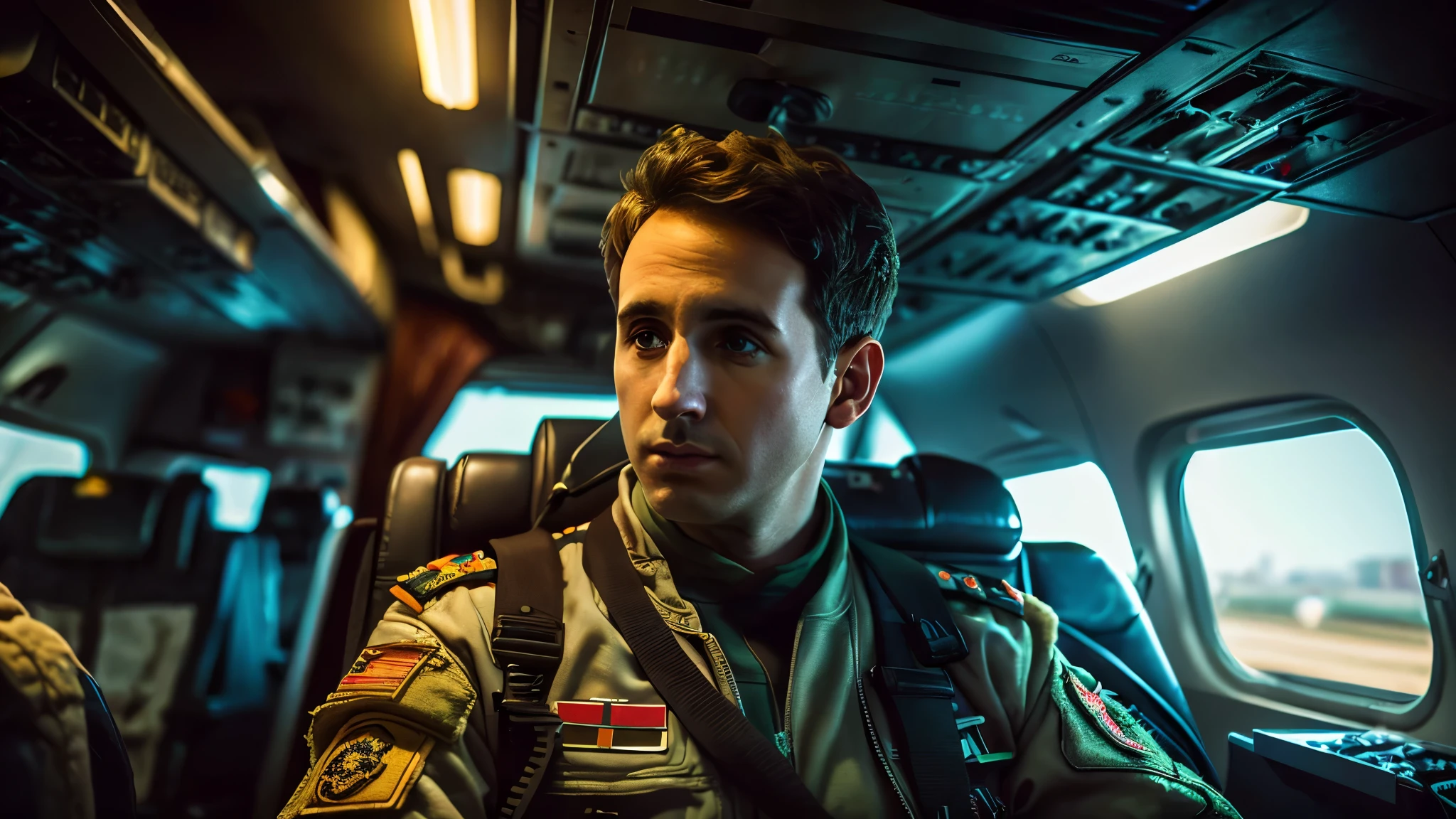 arafed man in a military uniform sitting in a plane, a portrait inspired by Mark A. Brennan, shutterstock, cobra, top gun maverick, screenshot from a movie, shot from movie, movie still 8 k, fighter pilot in the cockpit, film still from top gun 1986, col price, wearing dirty ripped flight suit, in flight suit. poster on the wall, nostalgia, movie poster, (skin texture), intricately detailed, fine details, hyperdetailed, ray tracing, subsurface scattering, diffuse soft lighting, F-14 Tomcat airplanes detailed in the background, shallow depth of field, by (Oliver Wetter) majestic professional oil painting by Ed Blinkey, Atey Ghailan, Studio Ghibli, by Jeremy Mann, Greg Manchess, Antonio Moro, trend at ArtStation, trend at CGSociety, Intricate, High Detail, Sharp focus, dramatic painting and photorealistic art of (greg rutkowski:1.4), bokeh