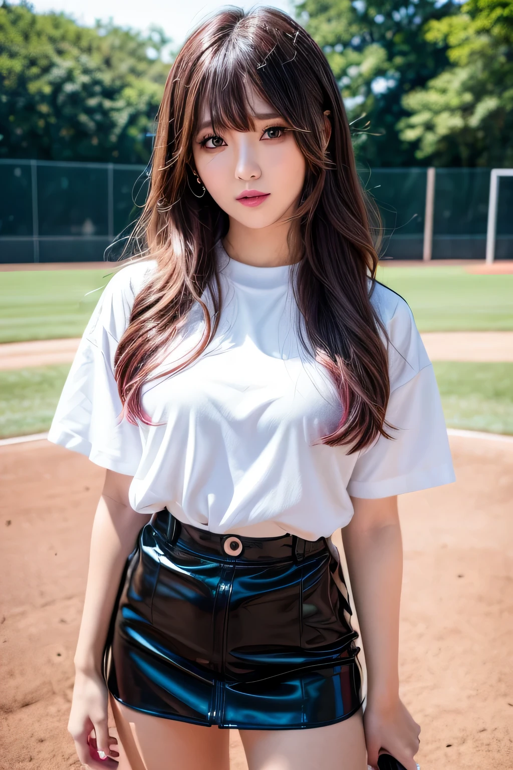 Canon RF85mm f/1.2,masterpiece,best quality,ultra highres,vc,1 girl,(korean mixed,kpop idol:1.2),solo, ((mysterious eyes)), ((brown_long_wavy_hair)),((pink_shiny_lips)),eyelashes,bangs,aface,make-up,shiny,Pore,skin texture,,see-through,medium breasts, full body, white short shirt, black mini skirt , baseball field, cute, full body image