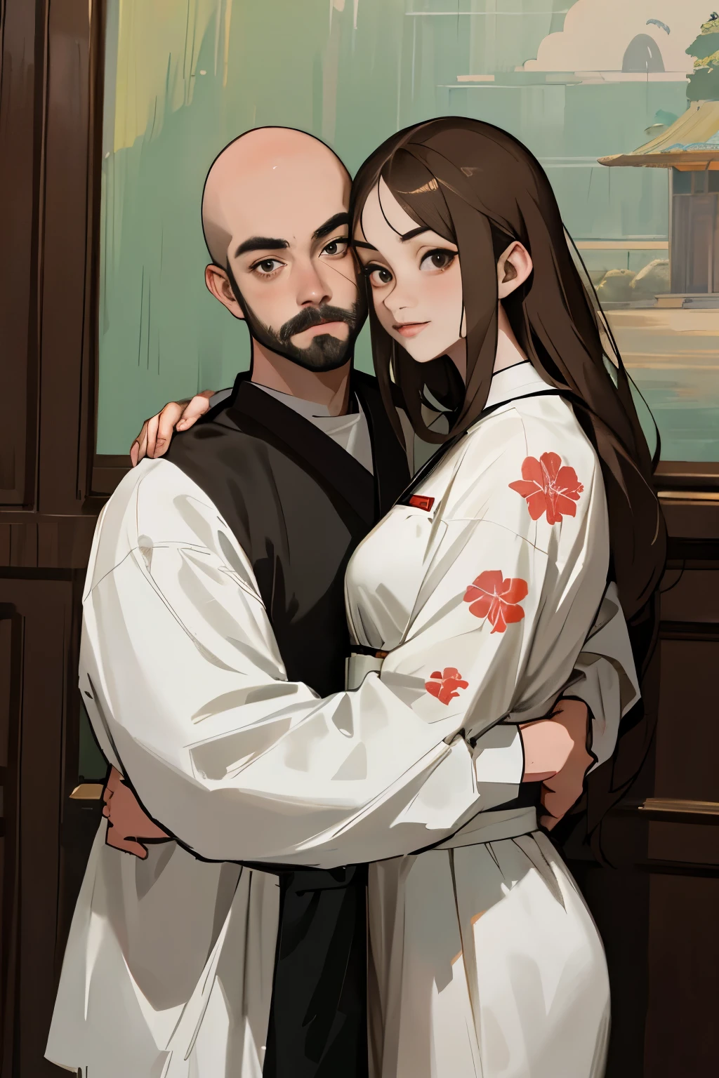 One bald Asian man with intricate tattoos covering his scalp and hairline, extending down to his hands and neck. His facial hair consists of a small stubble and a mustache. distinctly visible on his chin is the lettering "TH." The European woman standing beside him boasts long, light brown hair. She embraces the man, showcasing a cute, illustration-style #anime #realistic scene.