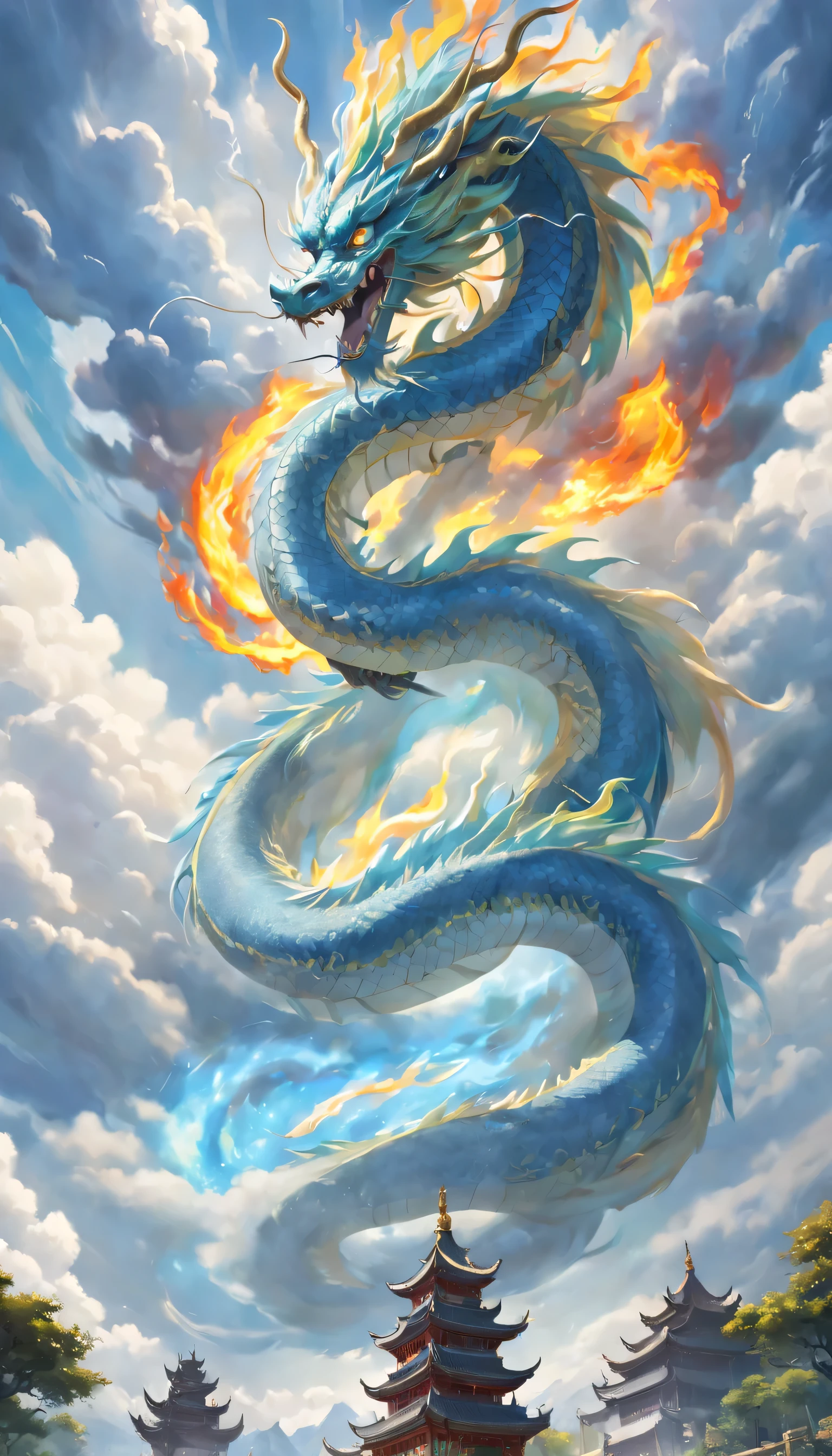 (The main subject: Wide-angle lens), The flame is light blue,[rich and colorful,(Chinese dragon), safe,dramatic clouds,(Go deep into the fields), Rich details​, (vast sky), (sense of vastness),Energy and vitality, intricate details.(best quality, high resolution, masterpiece:1.2), (actual:1.37), high dynamic range。