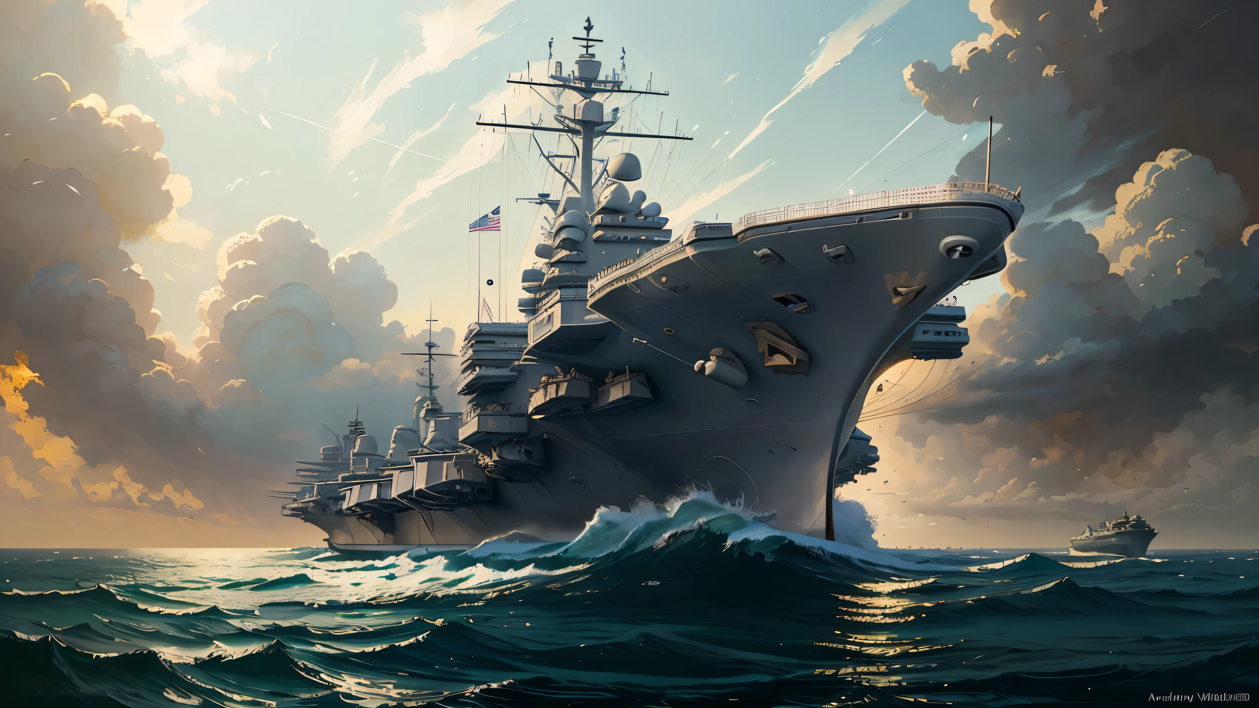araflane carrier ship in the ocean with jets on it, aircraft carrier, uss nimitz, realistic military carrier, aircraft carrier scene, military carrier rig, on aircraft carrier, uss enterprise, seen from the side, highly rendered, rendered, by Richard Mayhew, realistic warship design, digital rendering, by Robert Jacobsen, rendering, a digital rendering. poster on the wall, nostalgia, movie poster, (skin texture), intricately detailed, fine details, hyperdetailed, ray tracing, subsurface scattering, diffuse soft lighting, F-14 Tomcat airplanes detailed in the background, shallow depth of field, by (Oliver Wetter) majestic professional oil painting by Ed Blinkey, Atey Ghailan, Studio Ghibli, by Jeremy Mann, Greg Manchess, Antonio Moro, trend at ArtStation, trend at CGSociety, Intricate, High Detail, Sharp focus, dramatic painting and photorealistic art of (greg rutkowski:1.4), bokeh