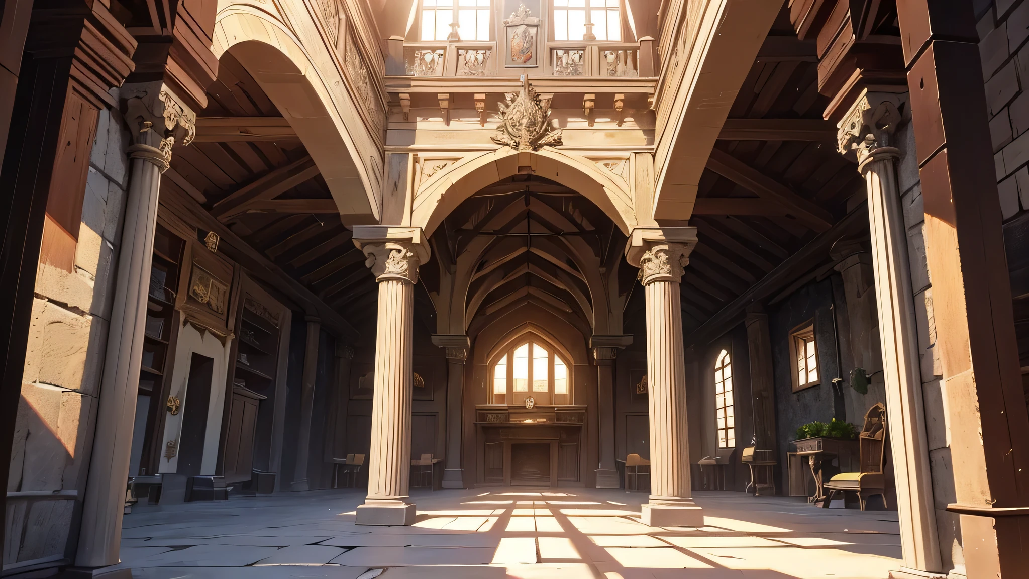 Buildings with wooden beams, Buttress, liang, Wooden support, interior view,、Ghibli、Made of stone and wood、hiquality、medieval times、Western style、Italian style、Salon、The back is a wall with no windows, medieval style, They were supposedly arranged to function as fortifications to defend the royal castle during emergencies.