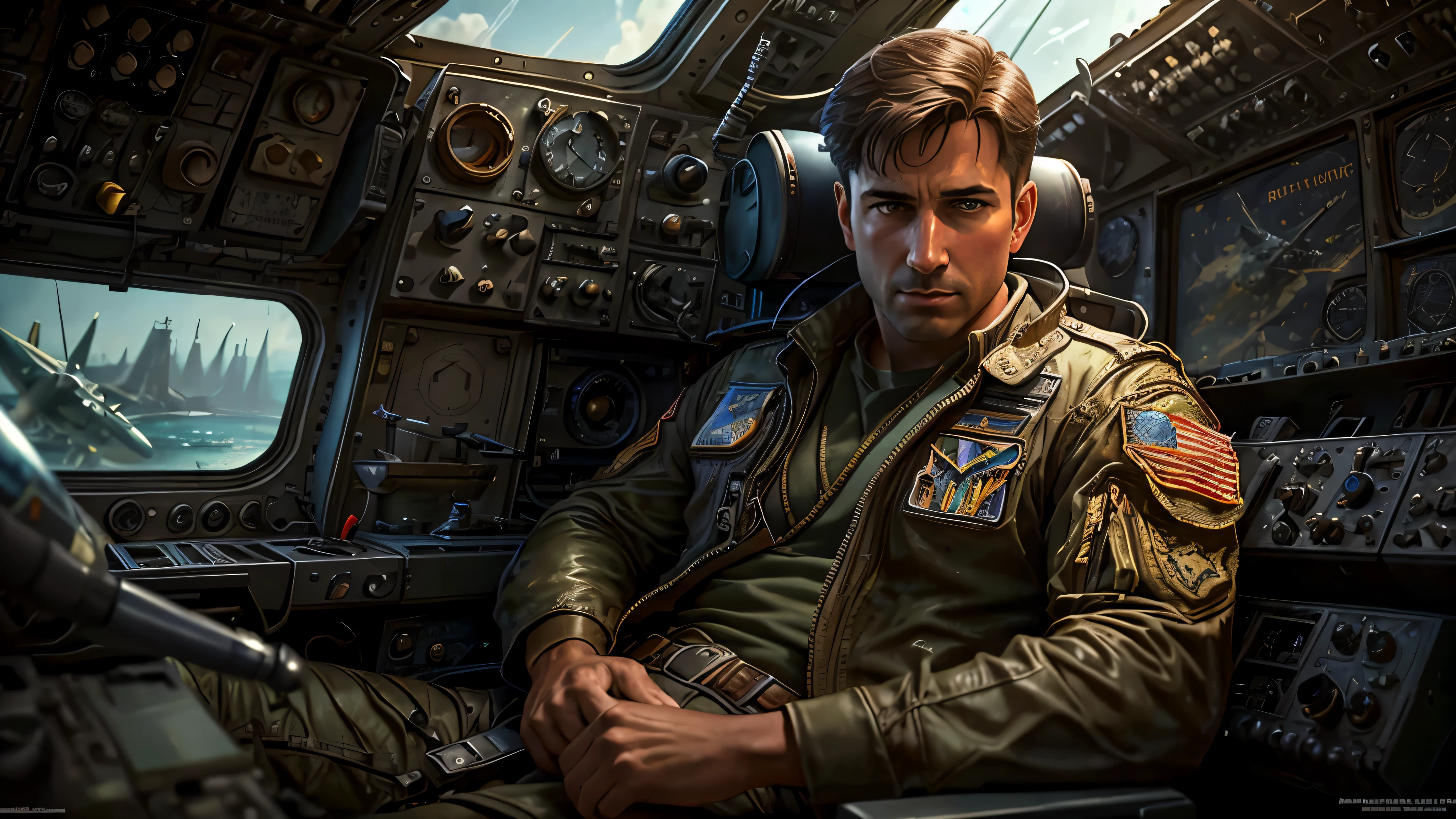 arafed man in a military uniform sitting in a plane, top gun maverick, screenshot from a movie, shot from movie, movie still 8 k, fighter pilot in the cockpit, film still from top gun 1986, col price, wearing dirty ripped flight suit, in flight suit, full color still, still shot from movie. poster on the wall, nostalgia, movie poster, (skin texture), intricately detailed, fine details, hyperdetailed, ray tracing, subsurface scattering, diffuse soft lighting, F-14 Tomcat airplanes detailed in the background, shallow depth of field, by (Oliver Wetter) majestic professional oil painting by Ed Blinkey, Atey Ghailan, Studio Ghibli, by Jeremy Mann, Greg Manchess, Antonio Moro, trend at ArtStation, trend at CGSociety, Intricate, High Detail, Sharp focus, dramatic painting and photorealistic art of (greg rutkowski:1.4), bokeh