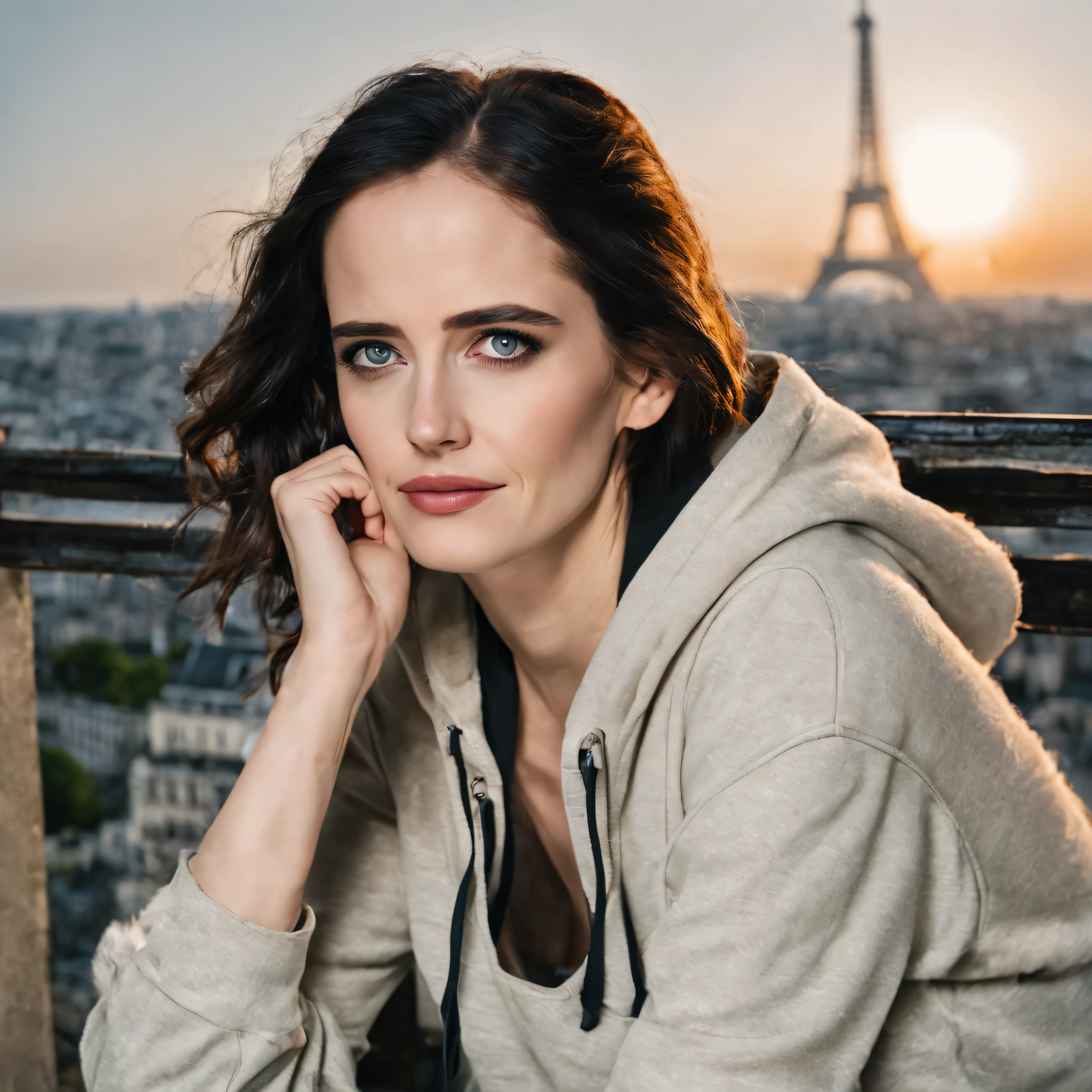 eva_green, portrait of a woman wearing a light hoodie, dark sport leggins, on a balcony near the eiffel tower by sunset, close up, looking at the viewer, (masterpiece, best quality, ultra-detailed, best shadow), high contrast, (best illumination), ((cinematic light)), colorful, hyper detail, dramatic light, intricate details, (1 girl, solo) , ultra detailed artistic photography, dreamy, backlit, shadows, ultra high definition, 8k, ultra sharp focus, ultra high quality model, soft lighting, film photography, analogue photography, hyperrealism,