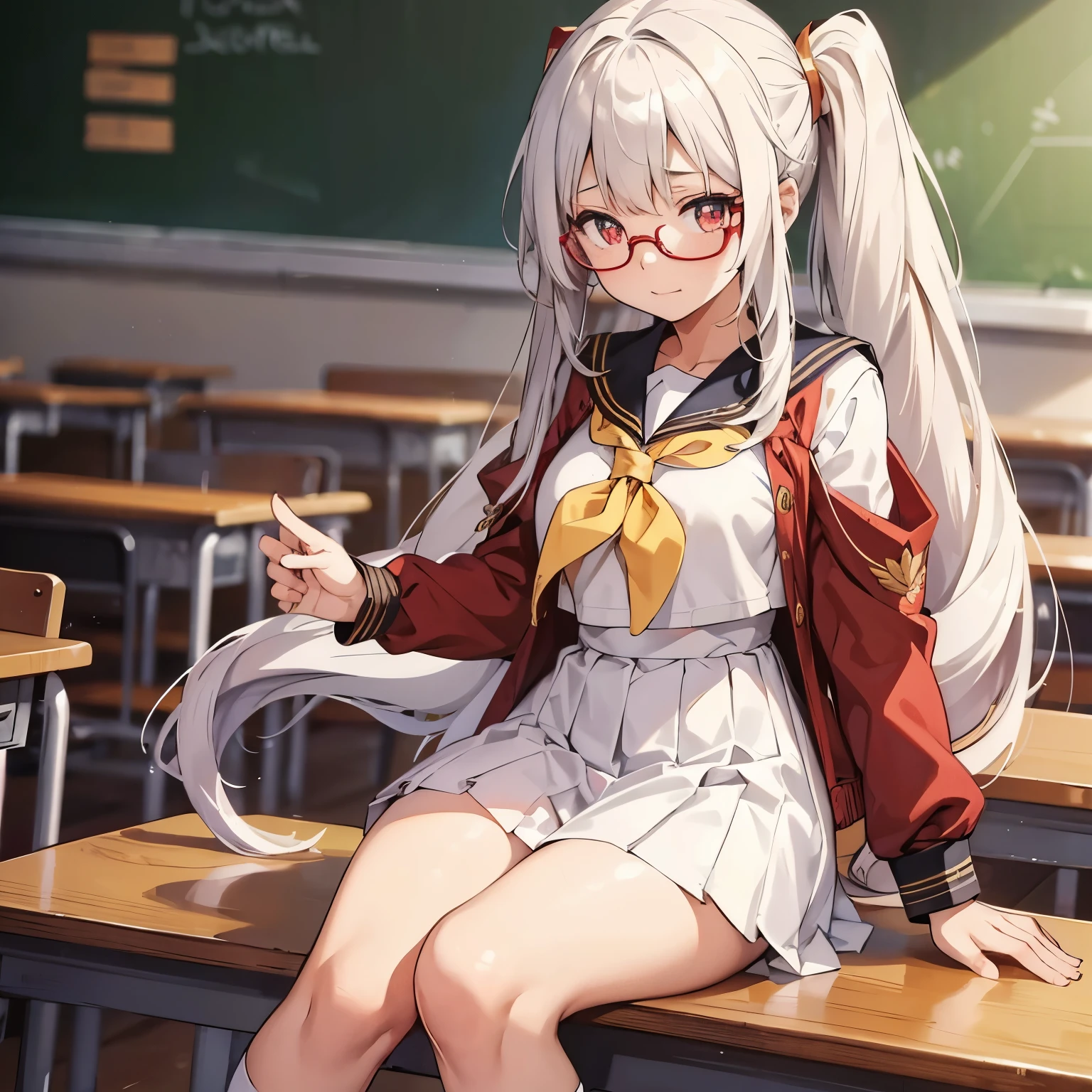 16-year-old girl,long white hair,Double tail,red pupils,Gold-tone glasses,Sailor suit,classroom