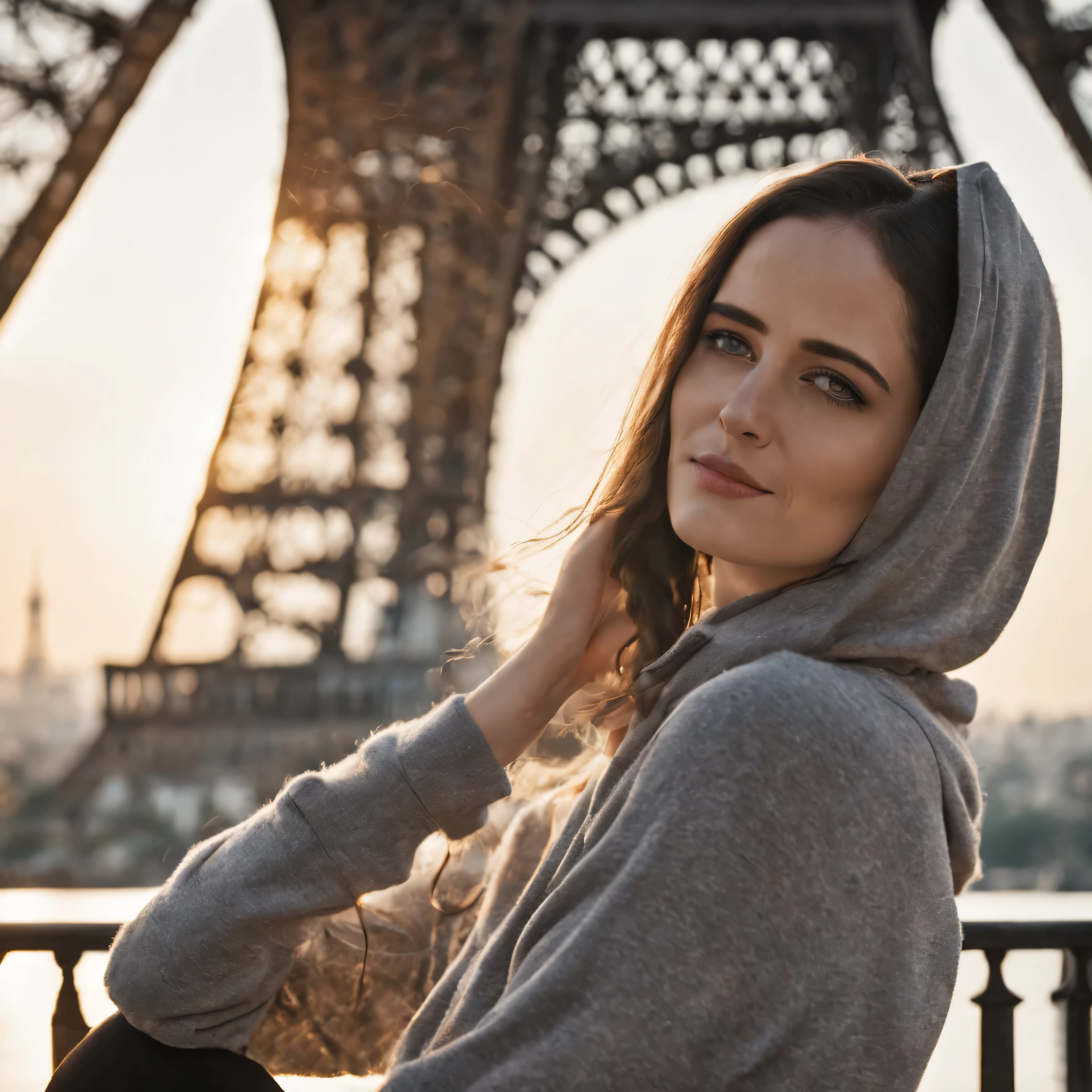 eva_green, portrait of a woman wearing a light hoodie, dark sport leggins, on a balcony near the eiffel tower by sunset, close up, looking at the viewer, (masterpiece, best quality, ultra-detailed, best shadow), high contrast, (best illumination), ((cinematic light)), colorful, hyper detail, dramatic light, intricate details, (1 girl, solo) , ultra detailed artistic photography, dreamy, backlit, shadows, ultra high definition, 8k, ultra sharp focus, ultra high quality model, soft lighting, film photography, analogue photography, hyperrealism,