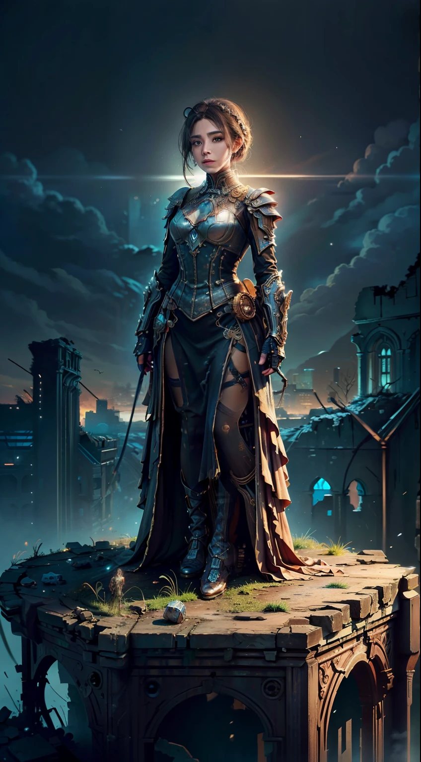 Wearing steampunk magical transparent armor，The ruins of a magical apocalypse, kkw-ph1, (lifelike:1.4) hyperdetailed, Surrealism, ((best quality)), ((masterpiece)), (detailed), 8k ultra high definition, Canon EOS 5D Mark IV, F/2.8, 1/25 seconds, Canon EF 50mm