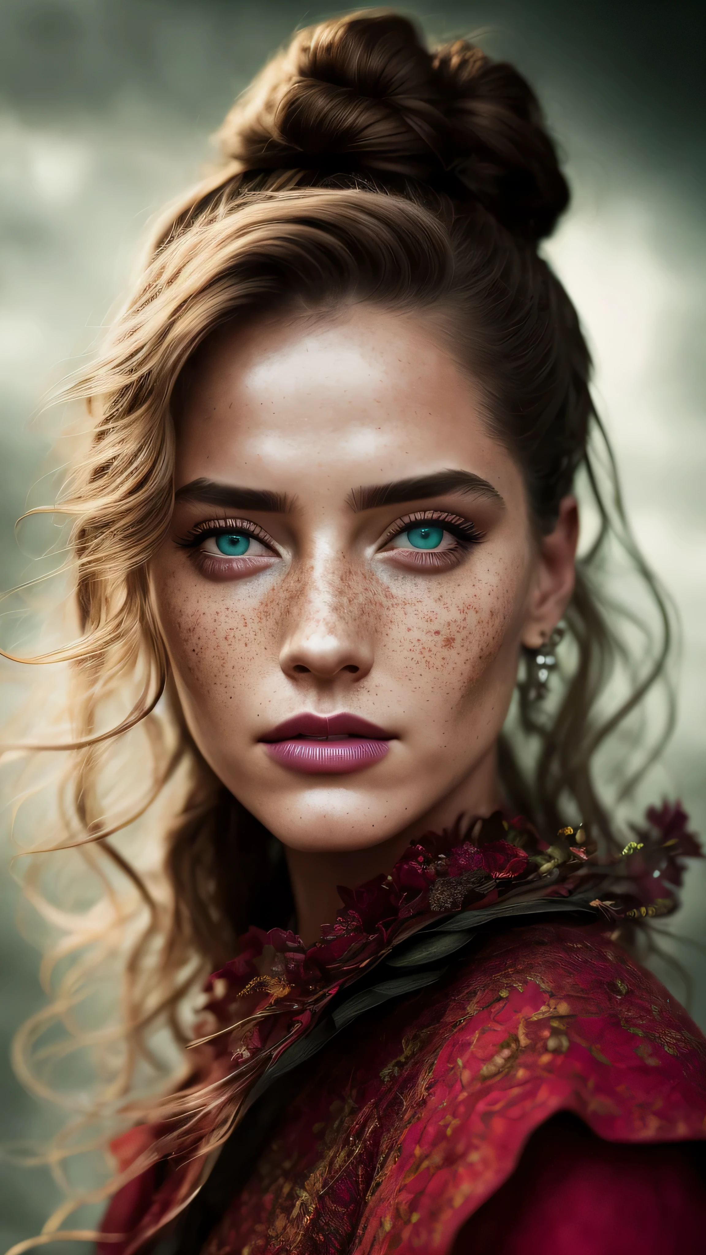 beautiful lady, freckles, dark makeup, hyperdetailed photography, soft light, head and shoulders portrait, cover,| (darkness:1.1), clouds, deep shadow, darkness, award-winning photo, extremely detailed, amazing, fine detail, absurd, ([Cobie Smulders|Jennifer Aniston|Emilia Clarke]:0.8), perfect beautiful woman extremely detailed, extremely symmetrical extreme detailed symmetrical eyes and face, sharp piercing green eyes lumen lighting, detailed clothing, smooth and lean glowing skin, subsurface glow, (goth: 0.8), double bun, bangs, ruffles, skirt, red hair, by lee jeffries [ (Color Burst Psychedelic Ink Colors: 1.21): : 0.15], Film Photography Nikon D850 4 Camera Kodak Portra 400 Lens F1.6 Rich Colors Hyper Realistic Texture Realistic Lighting Dramatic Irrealengine Trend in Artstation Cinestill 800 Tungsten, Style-Neeko , (Good Heart: 0.7), (modest: 0.8 ), happy, excited, (coarse: 0.8), lips parted, close portrait style-swirlmagic