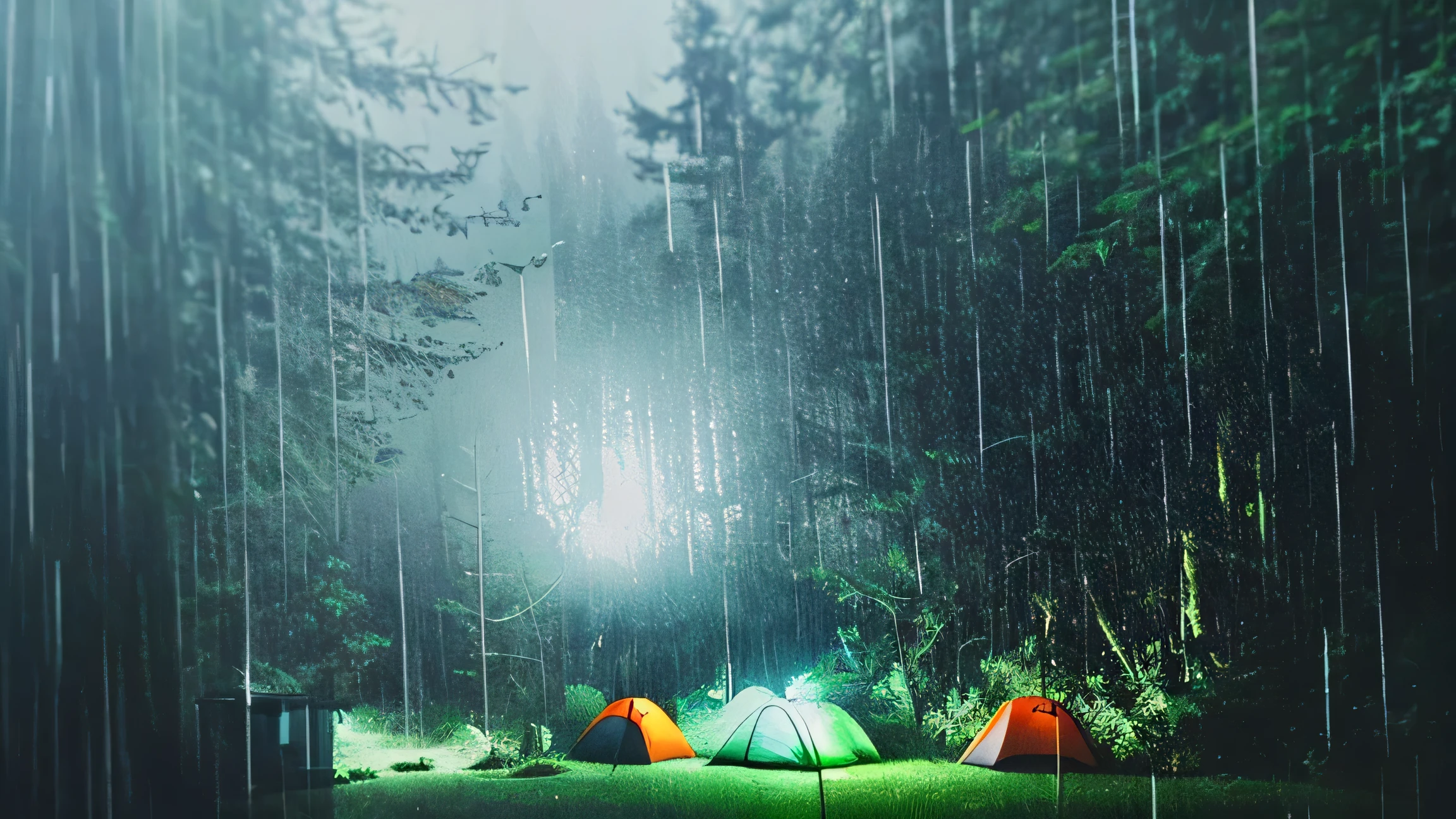 ((heavy rain:1.2)),Camping in the forest