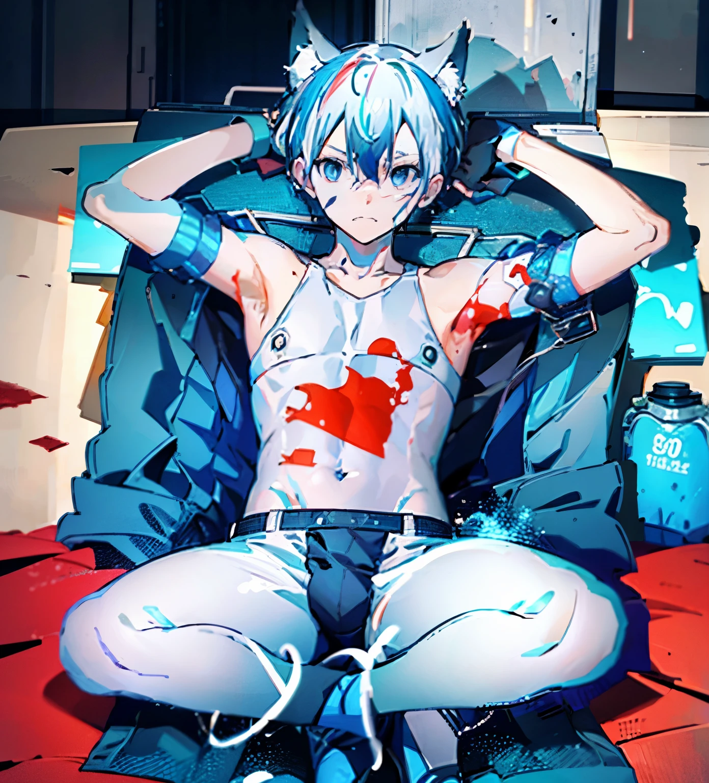 Game CG,8K quality,((young boy)),1 boy,Youthful feeling,Anime male protagonist,wolf ears,,Mature,male focus,Drenched,Pain and despair,Locomotive goggles,Pure white skin,White and blue racing(tight)One-piece Pants,The crotch is bigger,White fingerless gloves,White racing boots,full body portrait,Defeated,gave in,damaged clothes,car damage,sit on the floor,is powerless,There are scars on the face,Car crashed,The scene of the car accident,and there is blood on the corners of your mouth,Fear,sad