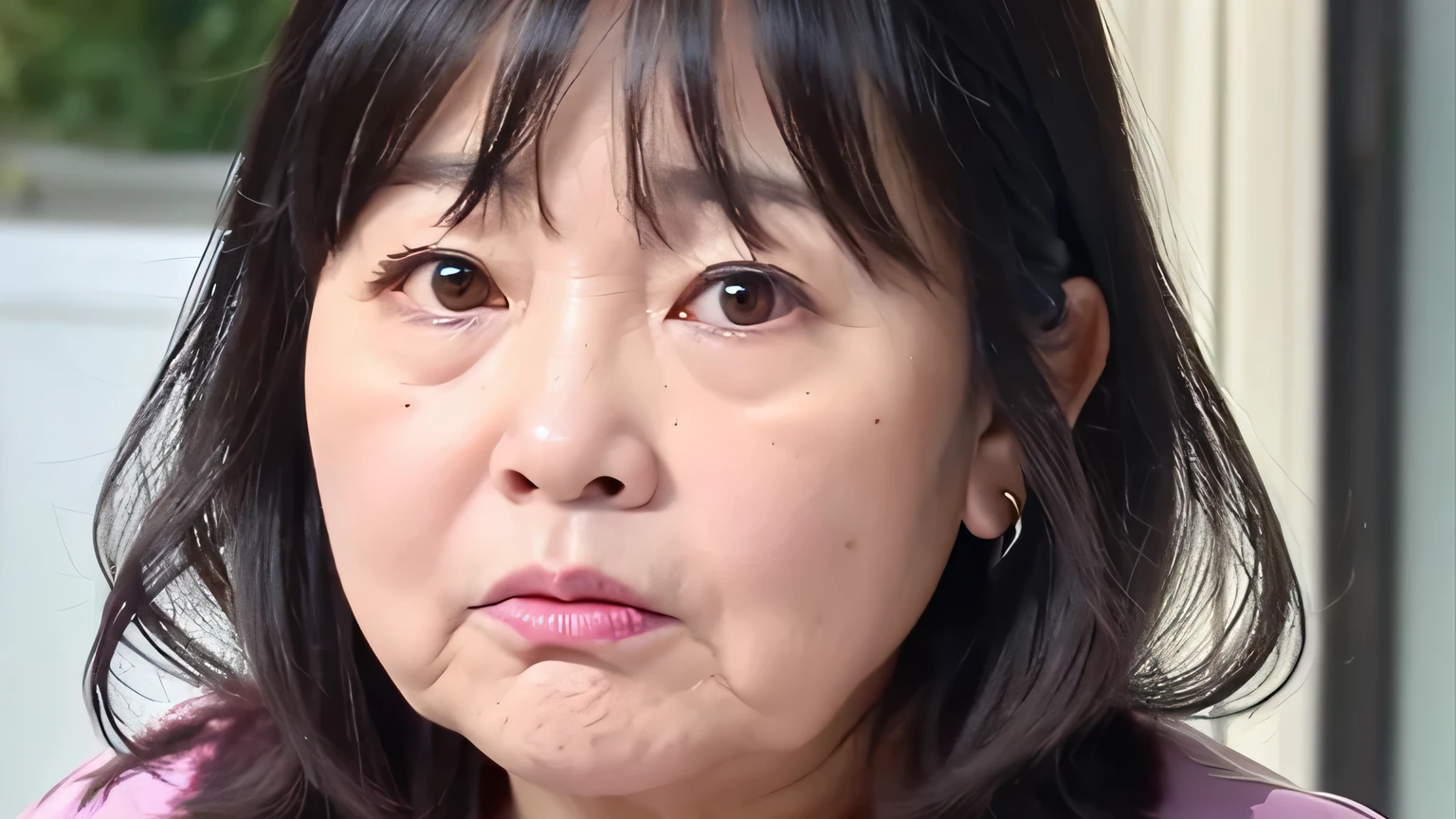 Chubby,BMI29,I'm about to cry, troubled face, japanese woman, 55 years old, close up of face, wrinkles around the eyes, double fold, I used to be an idol, cute, have bangs, Fluffy perm hair, midium black hair, troubled face, lowered eyebrows, complete lacrimal duct, pink lipstick, pink blush.