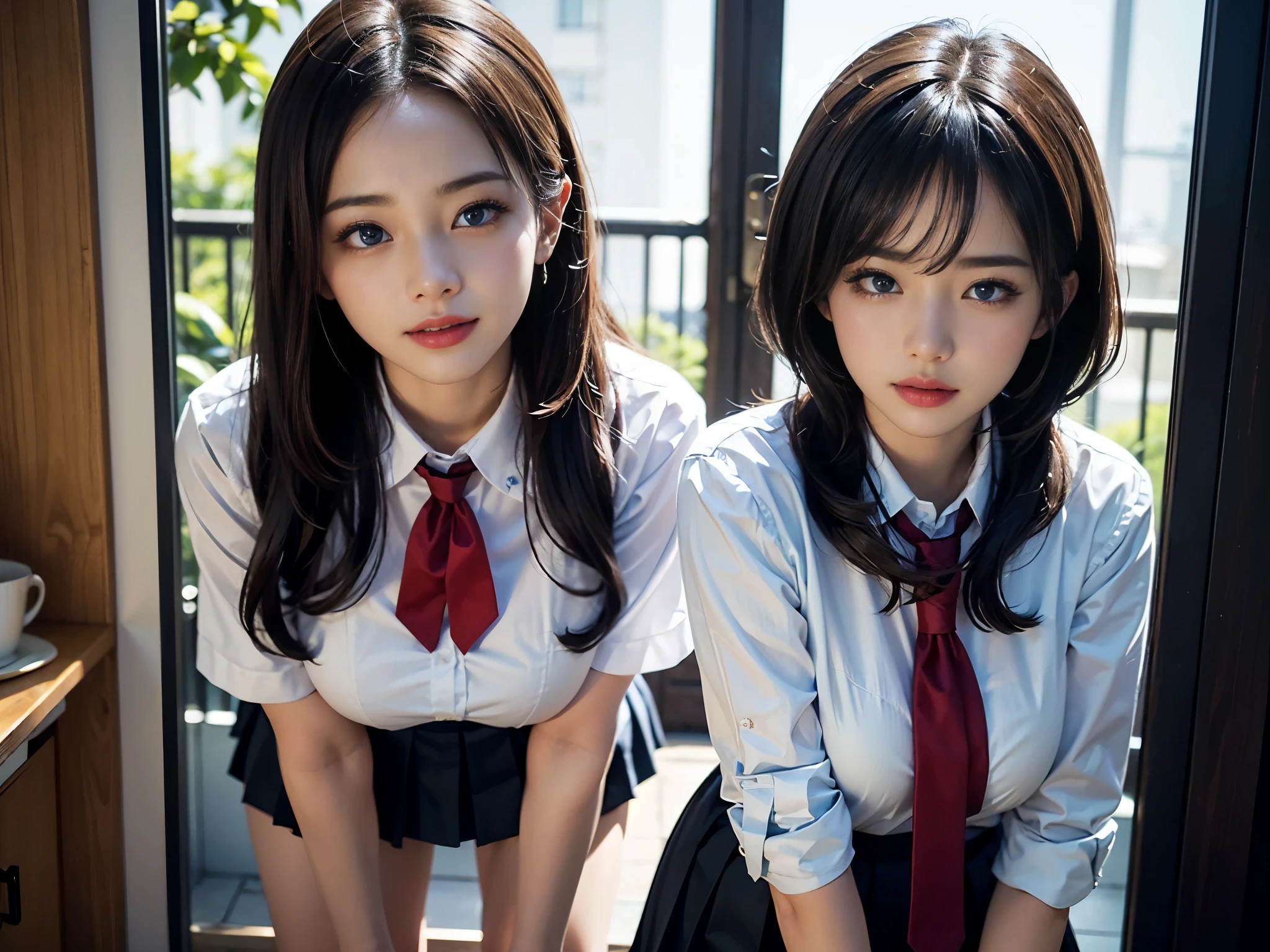 top-quality、 masterpiece、(Professional lighting without shadows)、 A hyper-realistic、 Bewitching、 perfect anatomia、 Two girls, (Girl proudly standing in front of camera shows off high school girl uniform ribbon ties、Another girl on the other side、Bend over and stick your butt out towards the camera), ( Huge breasts:1.2), (Bright and even whitening skin without wrinkles and steps), (Bright beautiful blue eyes with long black eyelashes and red tear bags reflected light:1.5)、 (Braided half-up hair with bangs:1.2), (Her outfit is、Dress up cramped uniform accurately:1.3), (Proudly showing off a crimson ribbon tie from the front:1.2), (Another girl on the other side、To beautifully emphasize the proud ultra mini pleated skirt、Showing off a pose with the buttocks exposed from directly behind:1.3), (Beautiful face squinting in dazzling light:1.4), ssmile, ishiharasatomi,露出胸部、露出胸部、露出乳房、露出胸部、露出乳房、露出胸部、露出胸部、露出乳房,全身显示,全身显示露出胸部、露出胸部、露出乳房、