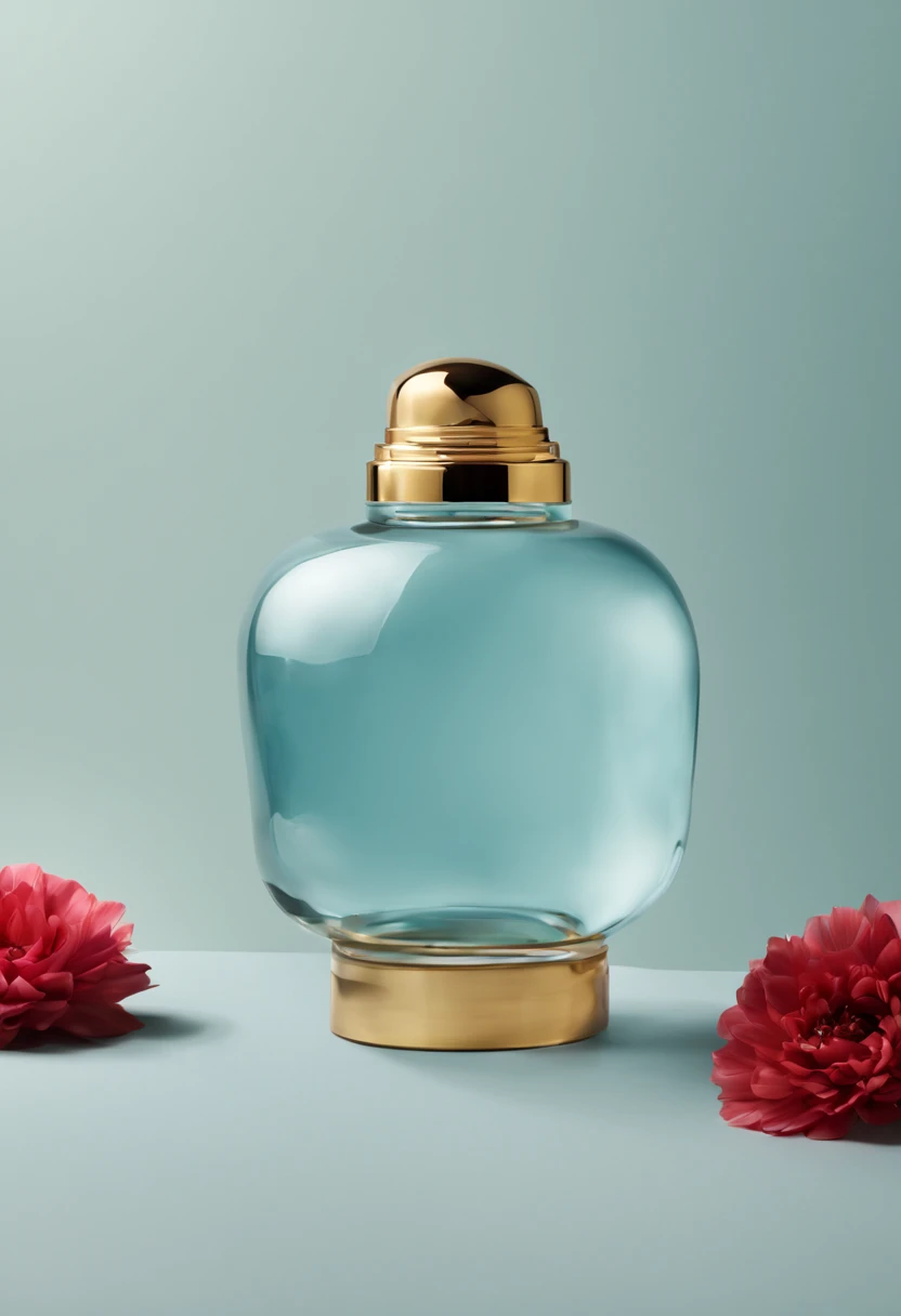 Barrel-shaped glass cosmetics, gold cap, light red container, light blue tablecloth, one flower.