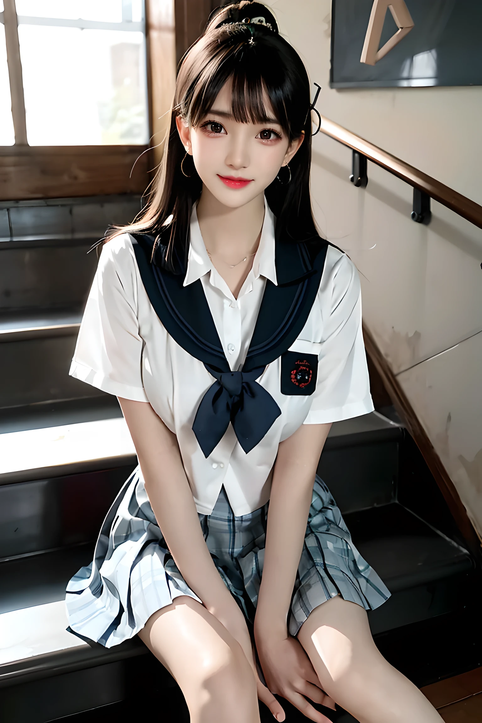 gray Eye, Korean school uniform, summer school uniform shirt, ribbon tie, skirt, bright blonde, school stairs, going down school stairs, Chest-up posture, exaggerated chest pose, 8K RAW photos, high resolution, 16 year old handsome Korean boy, very large round breasts, 美丽的Eye细节, long eyelashes, beautiful double eyelids, eye shadow, Eyeliner, slender Eye, 拉长Eye形状, Three white Eye, Smile, Eye, Beautiful and thin legs, Beautiful and thin thighs, random hit, Hair tied behind the head, earrings,